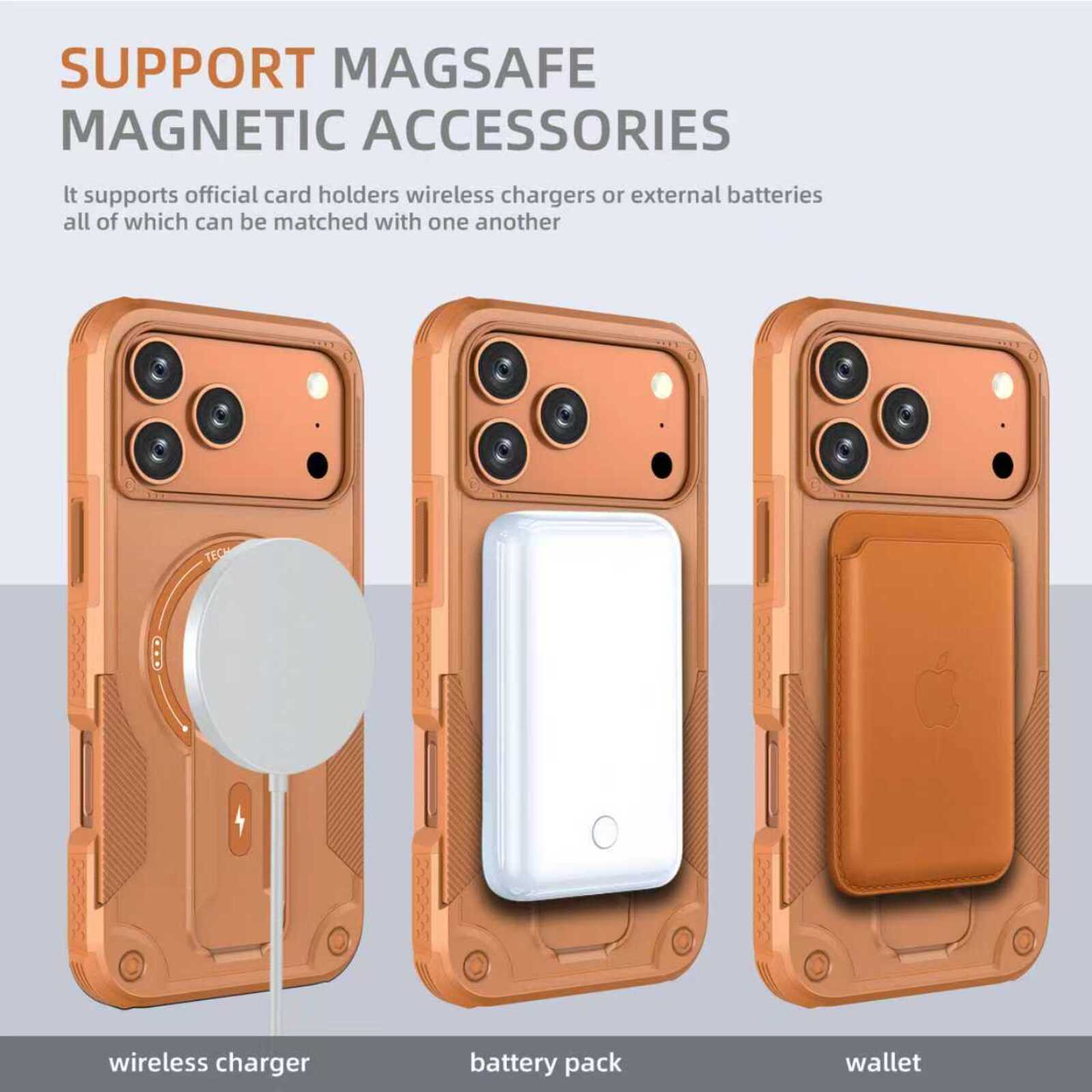 SUPPORT MAGSAFE MAGNETIC ACCESSORIES

It supports official card holders, wireless chargers, or external batteries, all of which can be matched with one another.

wireless charger
battery pack
wallet