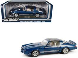 Greenlight - 1980 Chevrolet Camaro Z28 with T-Tops Dark Blue Metallic with Stripes and Light Gray Interior 1/18 - Dark Blue Metallic, Light Gray