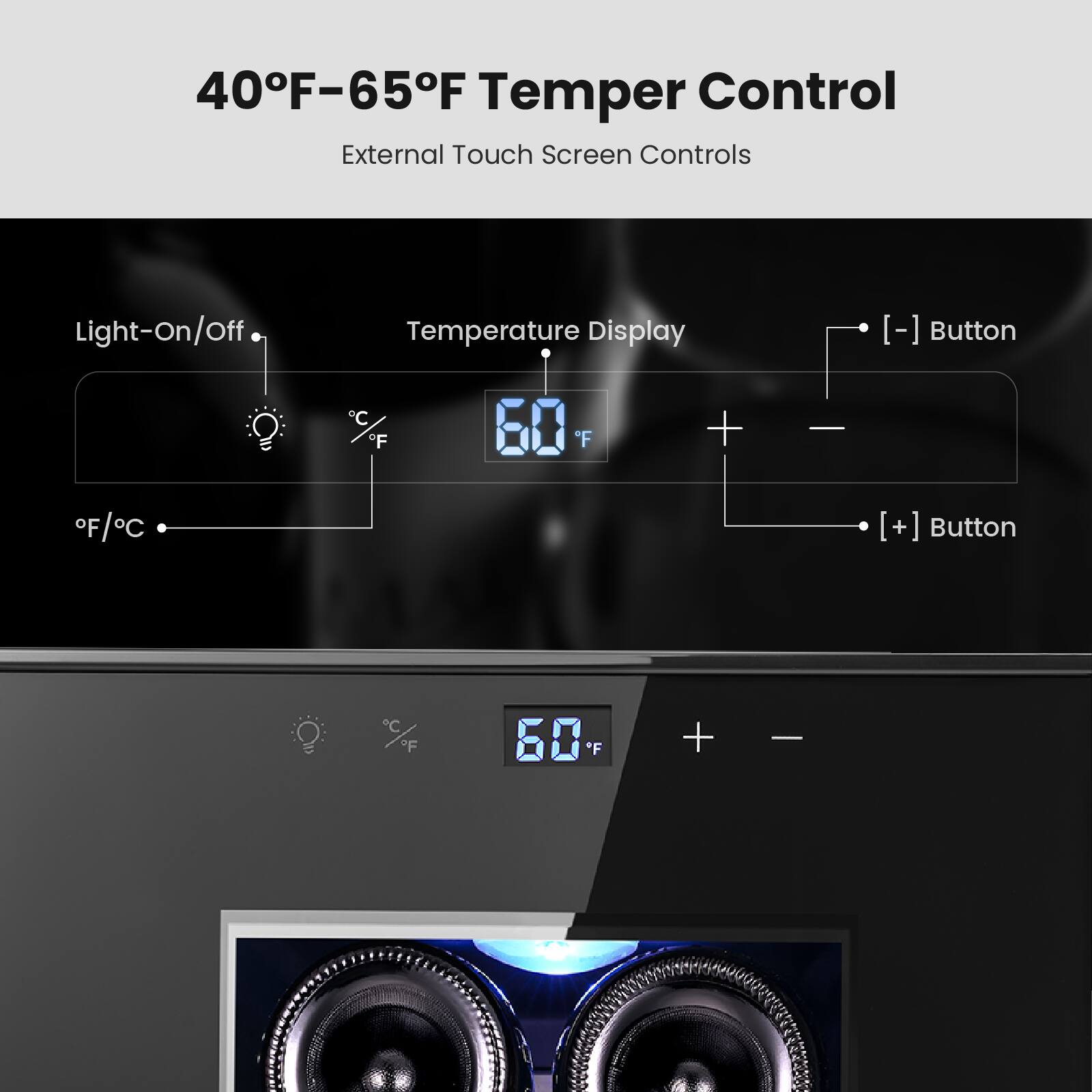 40F-65F Temper Control External Touch Screen Controls Light-on/off Temperature Display [-] Button C F F F + - F/C [+] Button C "F 60 *F + -