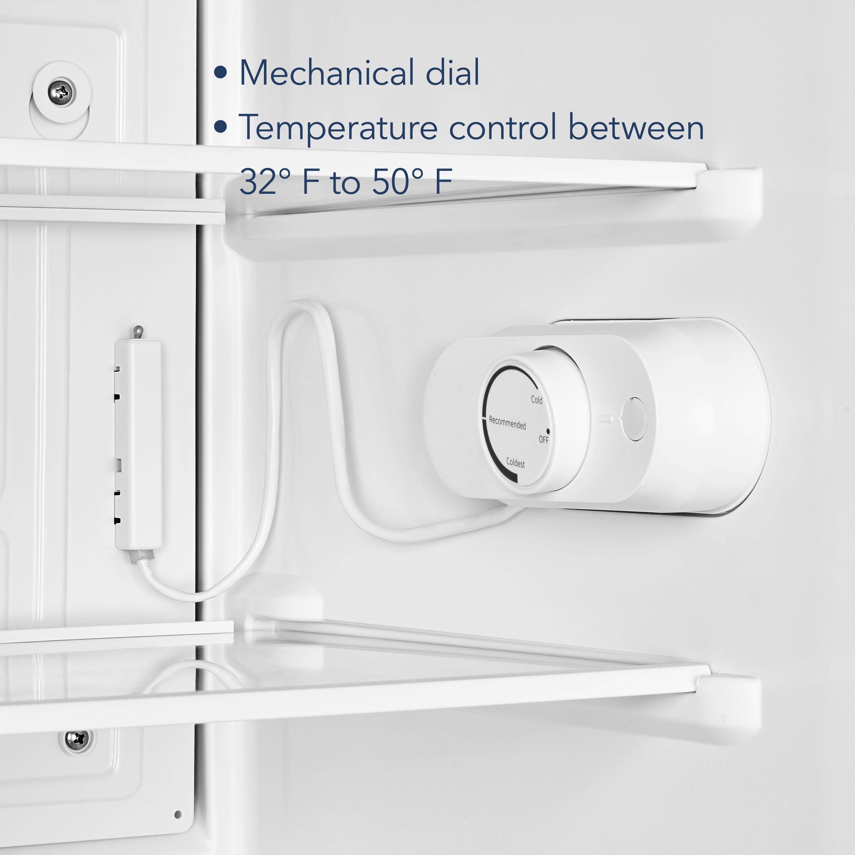 The text on the image reads: "Mechanical dial Temperature control between 32°F to 50°F Cold Recommended OFF Coldest." This text is grouped and corrected as follows:
"Mechanical dial Temperature control between 32°F to 50°F. Cold Recommended OFF. Coldest."