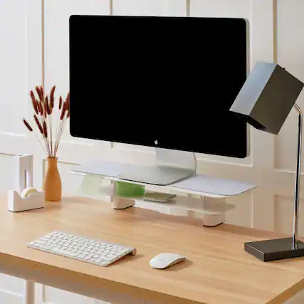 Front. Branch Furniture - Branch Small Monitor Stand – Sturdy Steel Stand with Elegant Felt Liner, Hidden Storage, and Universal Clamp - White.