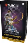 The image features a Magic the Gathering product, which includes a collector booster sample pack, two legendary traditional foils, and an Aetherdrift commander deck. The product is designed to help players grow through their cards and enjoy the game.