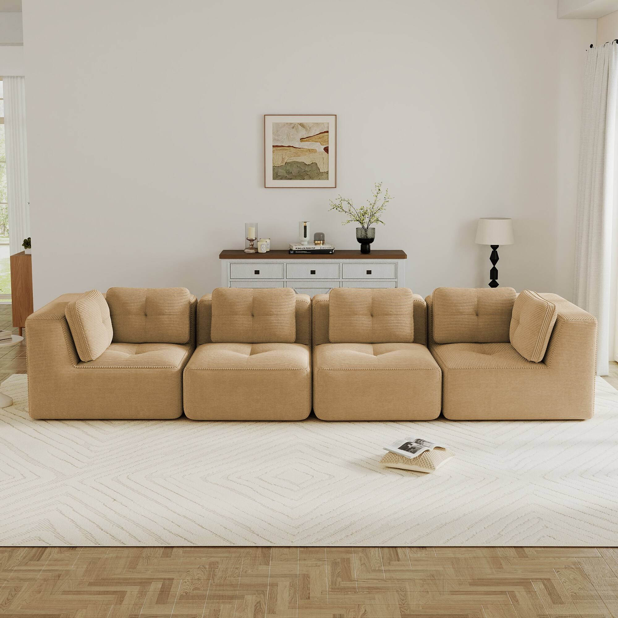 Left. LOVMOR - Modular Deep Seat No Assembly 4 Seater Corduroy Sectional Couch Compressed Pack Anti Slip Tufted For Soft Home - Camel.