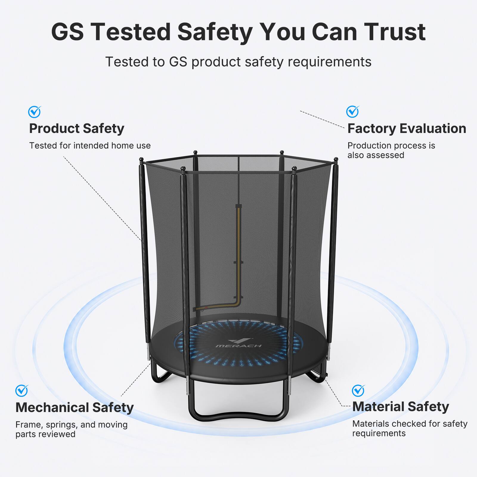 GS Tested Safety You Can Trust  
Tested to GS product safety requirements  

Product Safety  
Tested for intended home use  

Factory Evaluation  
Production process is also assessed  

Mechanical Safety  
Frame, springs, and moving parts reviewed  

Material Safety  
Materials checked for safety requirements