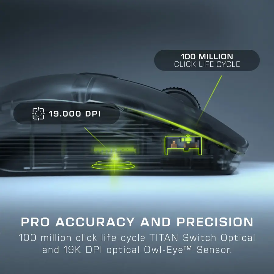 100 MILLION CLICK LIFE CYCLE
19.000 DPI PRO ACCURACY AND PRECISION
100 million click life cycle
TITAN Switch Optical and 19K DPI TM Sensor.
optical Owl-EyeM