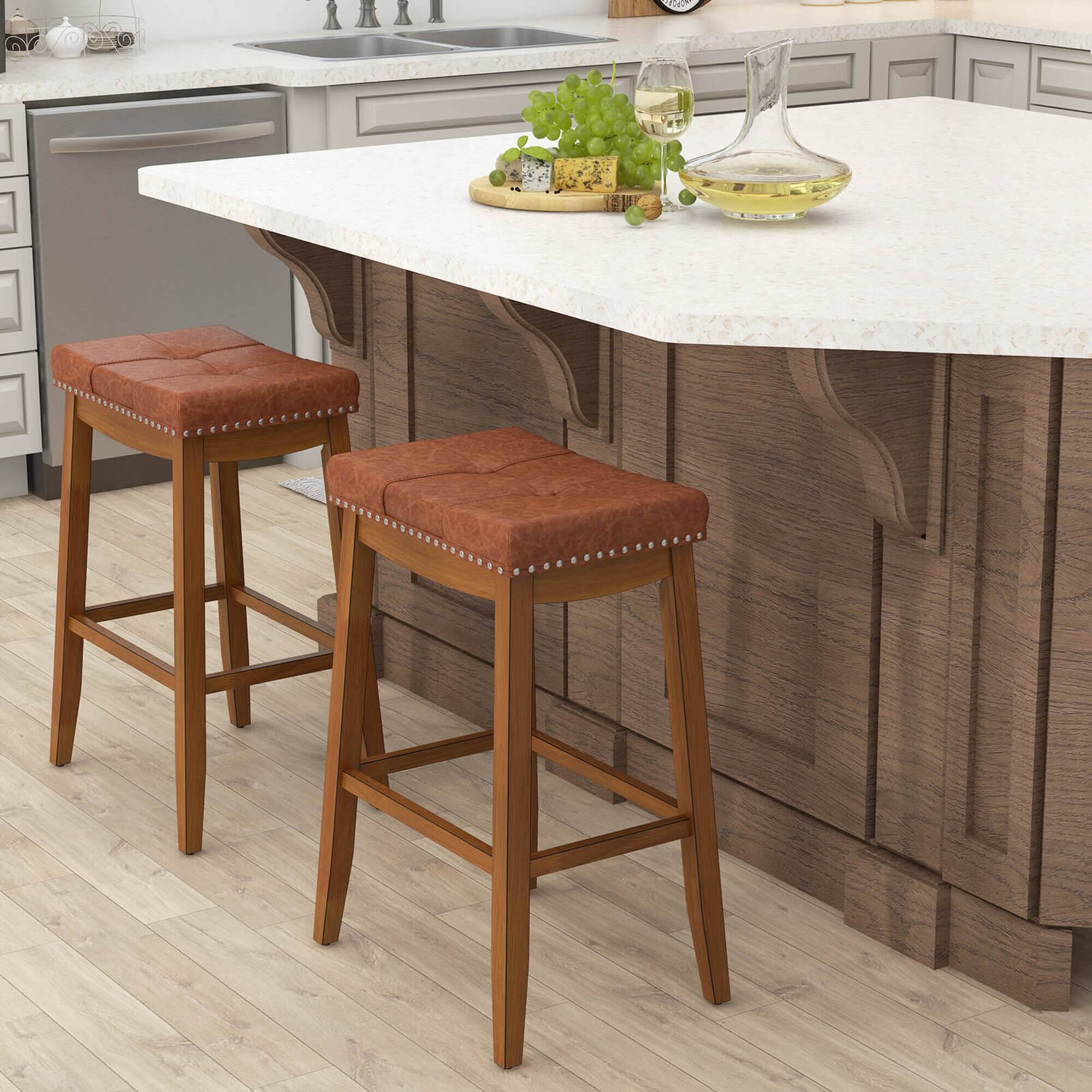 Alt View 1. Costway - 29" Bar Height Stools Set of 2 with PU Leather Seat Solid Rubber Wood Frame - Brown.