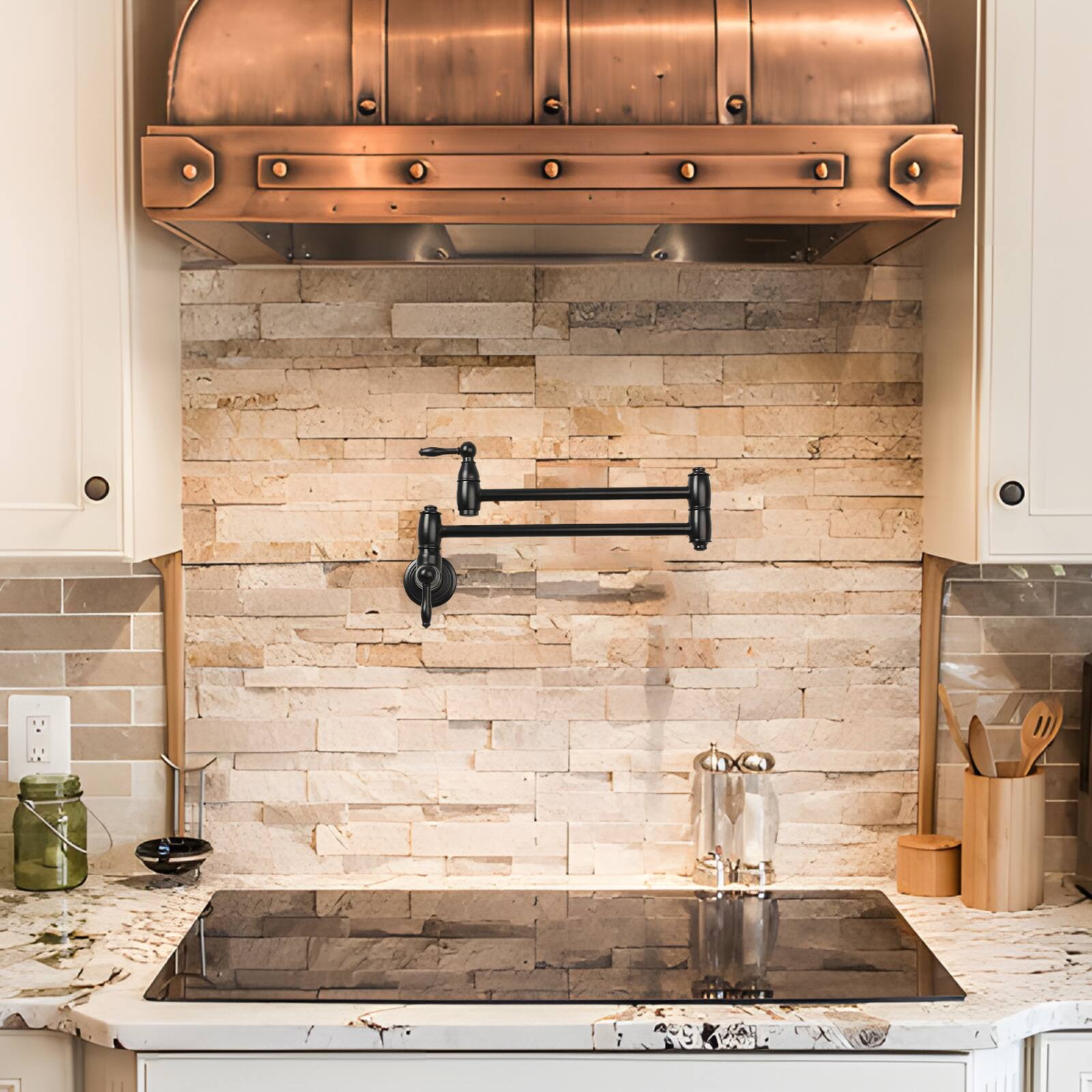 Alt View 5. Akicon - Akicon Wall-Mounted Solid Brass Pot Filler Kitchen Faucet with Dual Joint Swing Arms for Stovetop in Matte Black - Matte Black.