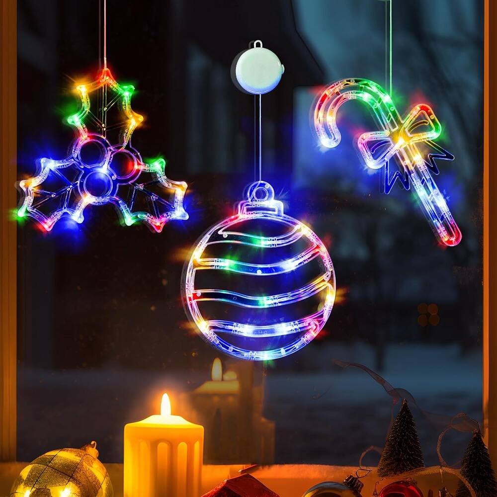 Front. PARKER SLATER - 3-Pack Christmas Window Lights – Multicolor Ball/Holly/Candy Cane LED with Timer - Multicolor.