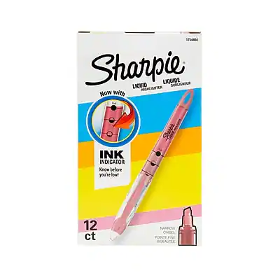 Sure, here is the corrected and grouped text:
**Sharpie Liquid Highlighter**
- **How it works:** Ink Indicator
- **INK INDICATOR** - Know before you're low!
- **12 ct** - NARROW CHISEL - PONTE FINA - ENSEAUTÉE
- **Non-toxic** - **Non-toxique**
