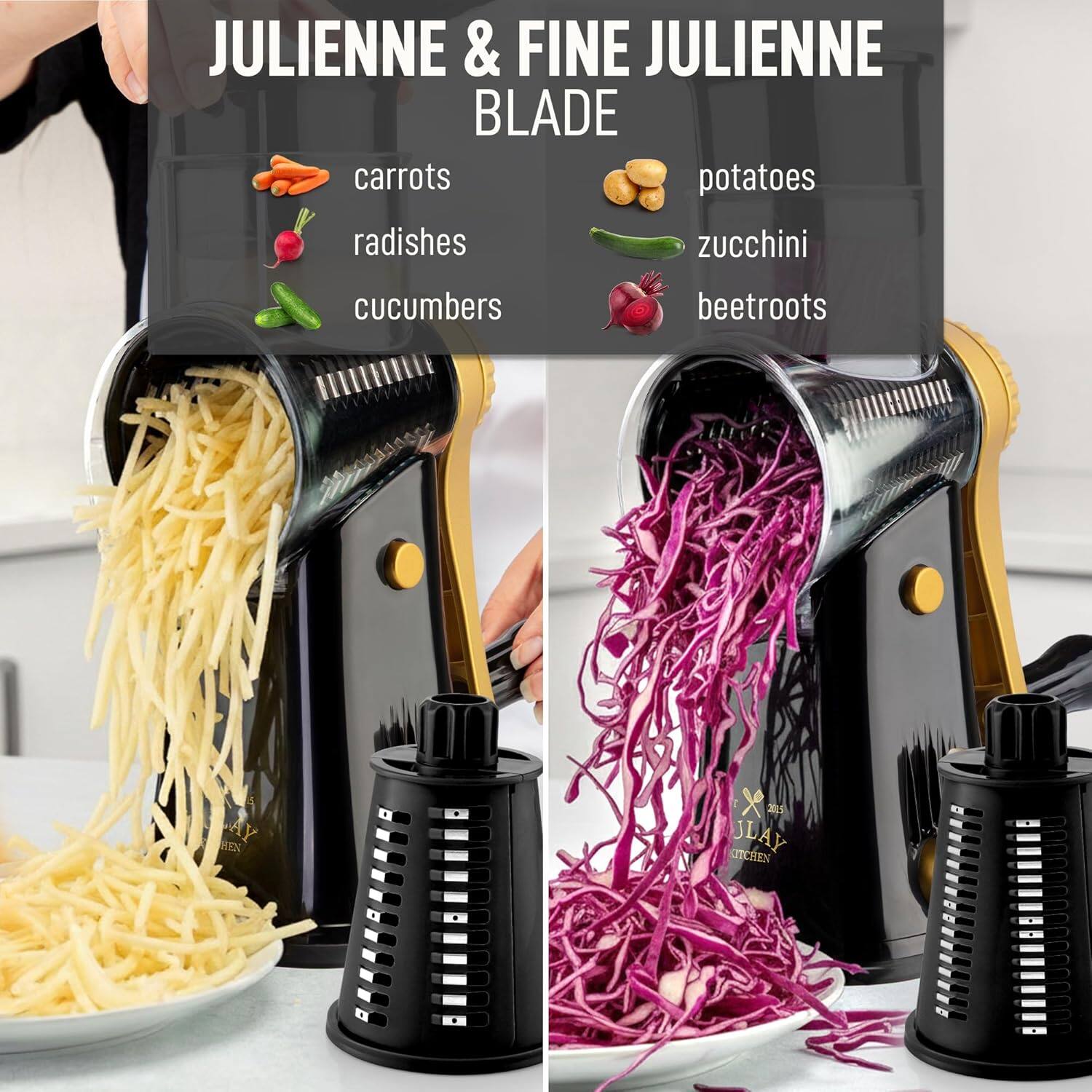 JULIENNE & FINE JULIENNE BLADE

carrots  
radishes  
cucumbers  
potatoes  
zucchini  
beetroots