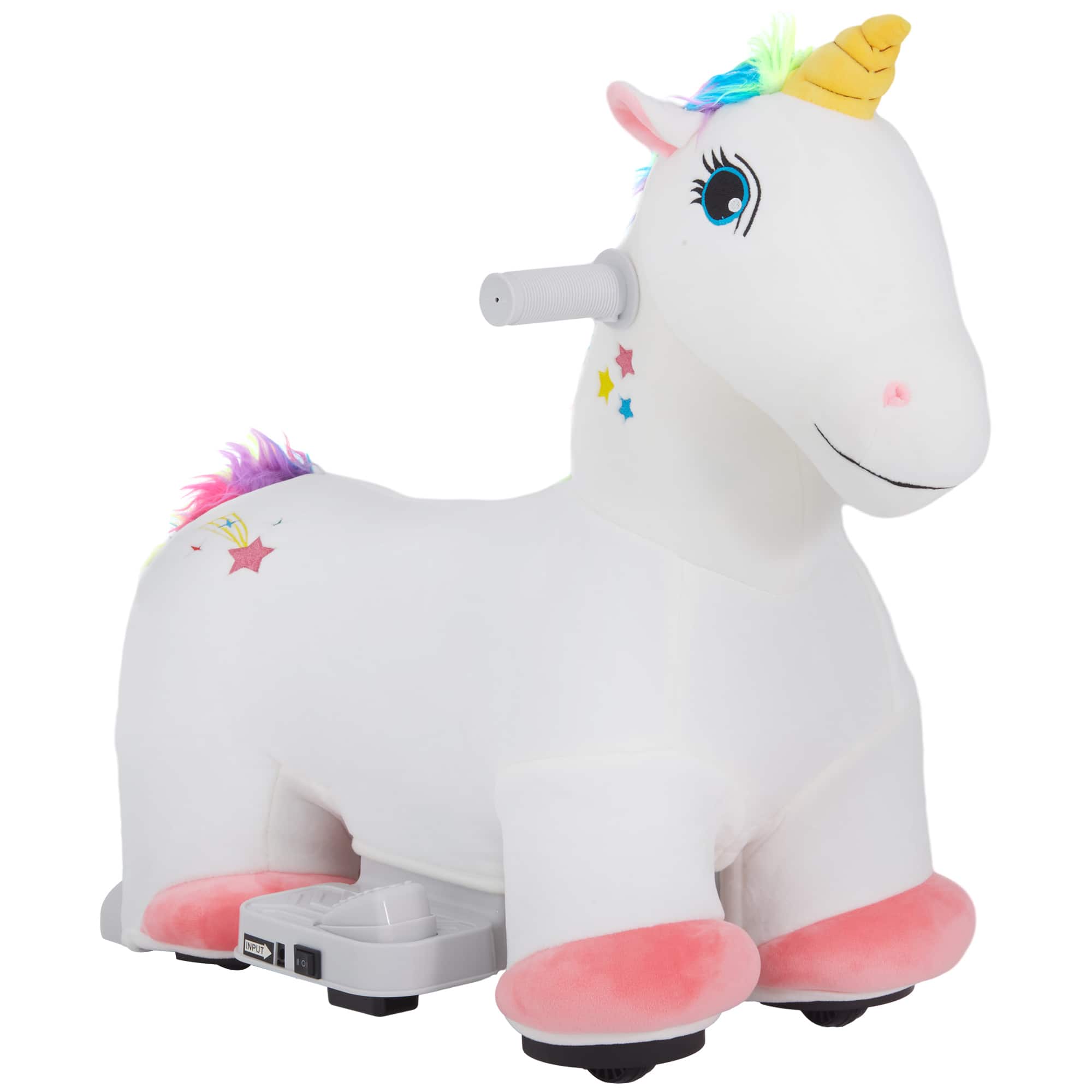 Glintex - Electric Unicorn Ride-On Horse for Kids with Music, Soft Seat, and Smooth PU Wheels - White