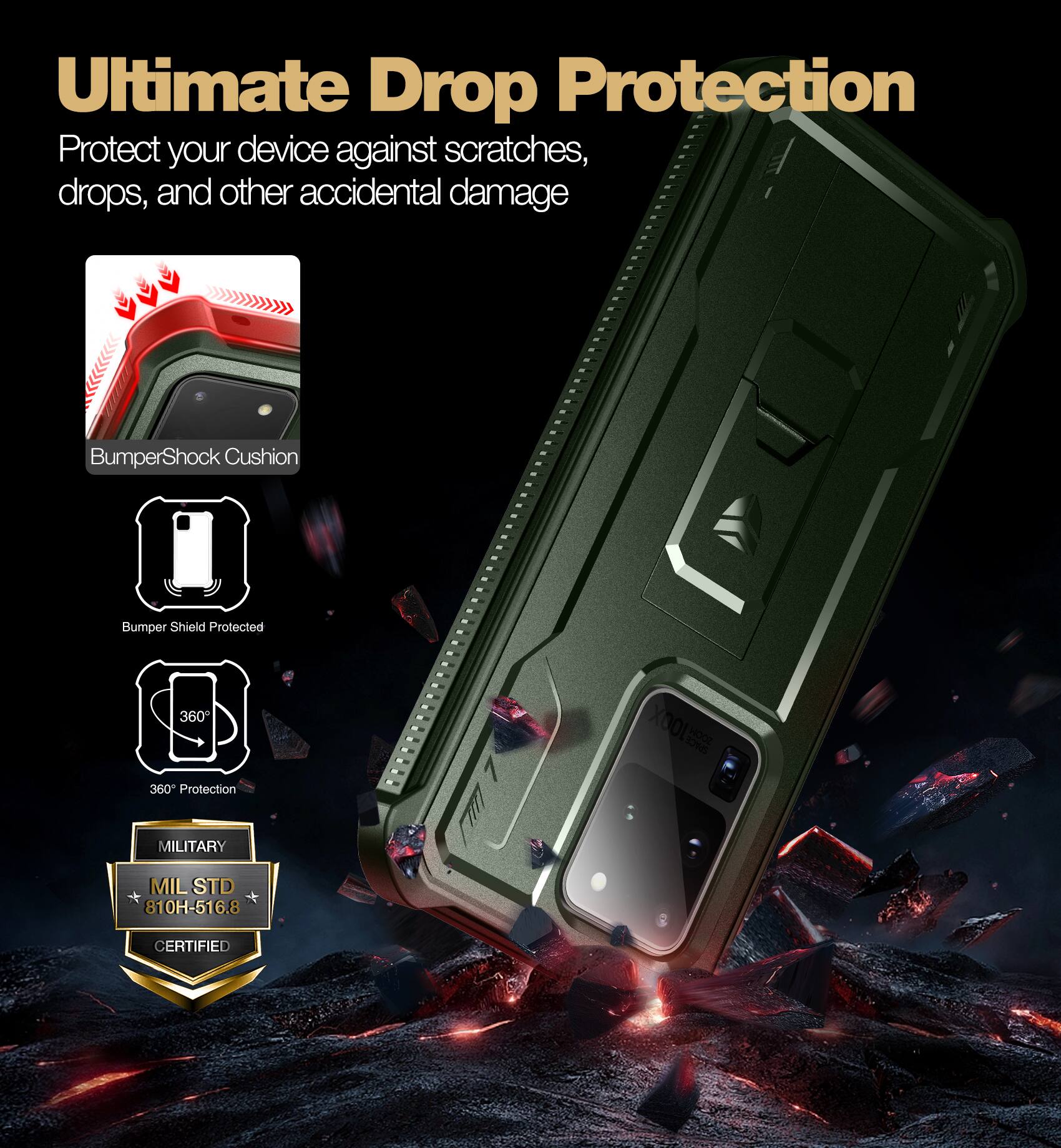 Ultimate Drop Protection

Protect your device against scratches, drops, and other accidental damage

- BumperShock Cushion
- Bumper Shield Protected
- 360° Protection
- MILITARY MIL STD 810H-516.8 CERTIFIED