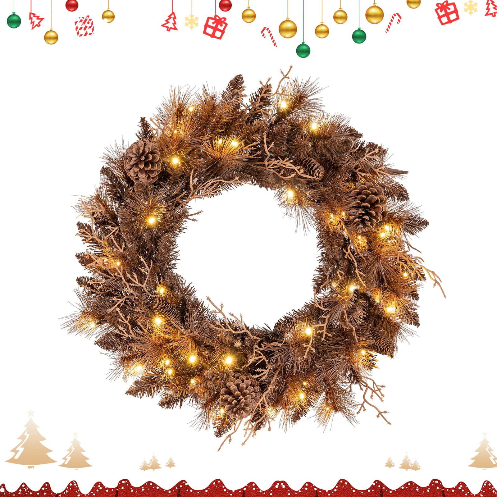 Gymax - 24'' Pre-lit Christmas Wreath Front Door Artificial Xmas Wreath w/105 Branch Tips - Brown price history on PriceWatchPro