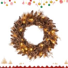 Gymax - 24'' Pre-lit Christmas Wreath Front Door Artificial Xmas Wreath w/105 Branch Tips - Brown