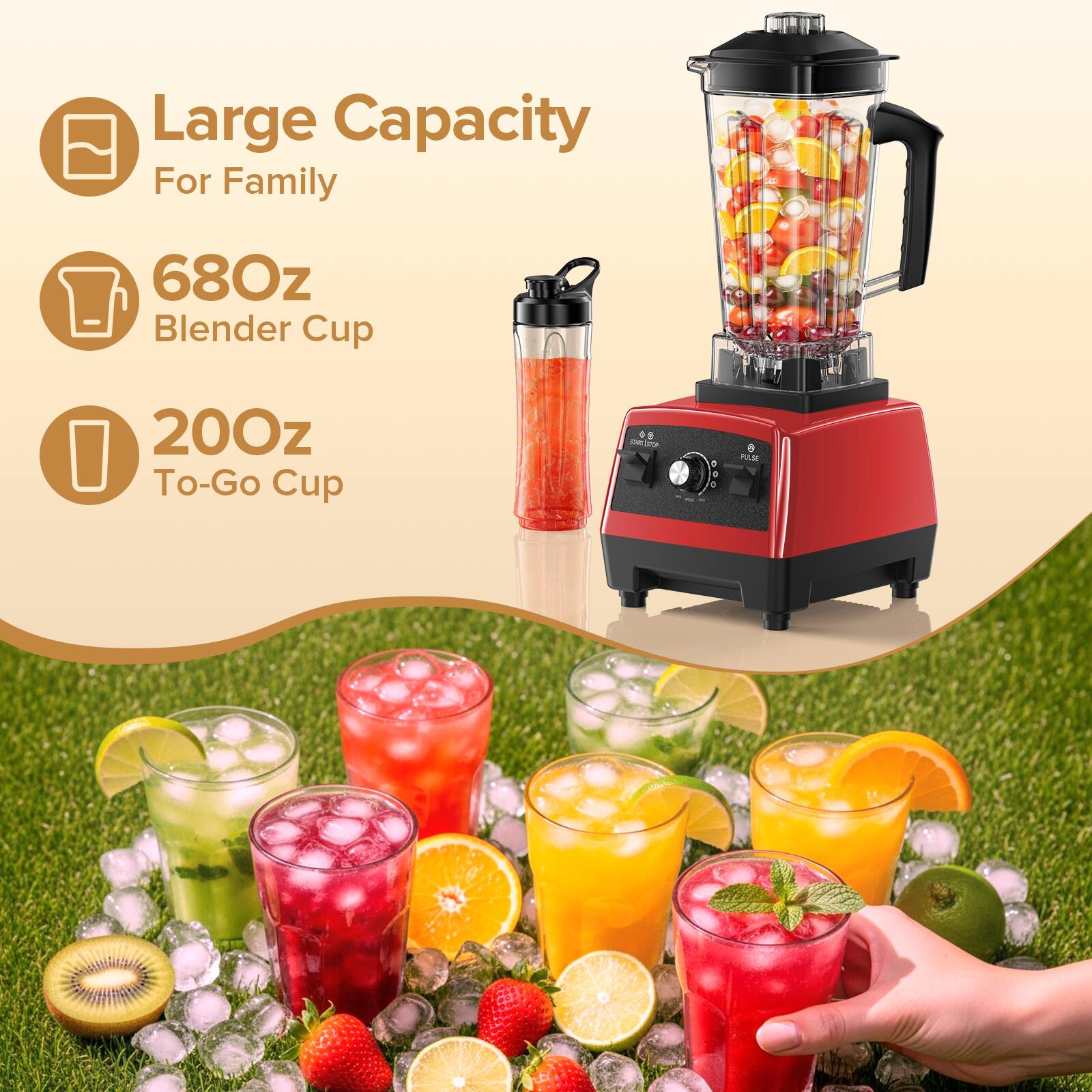 Large Capacity For Family  
68Oz Blender Cup  
200Oz To-Go Cup