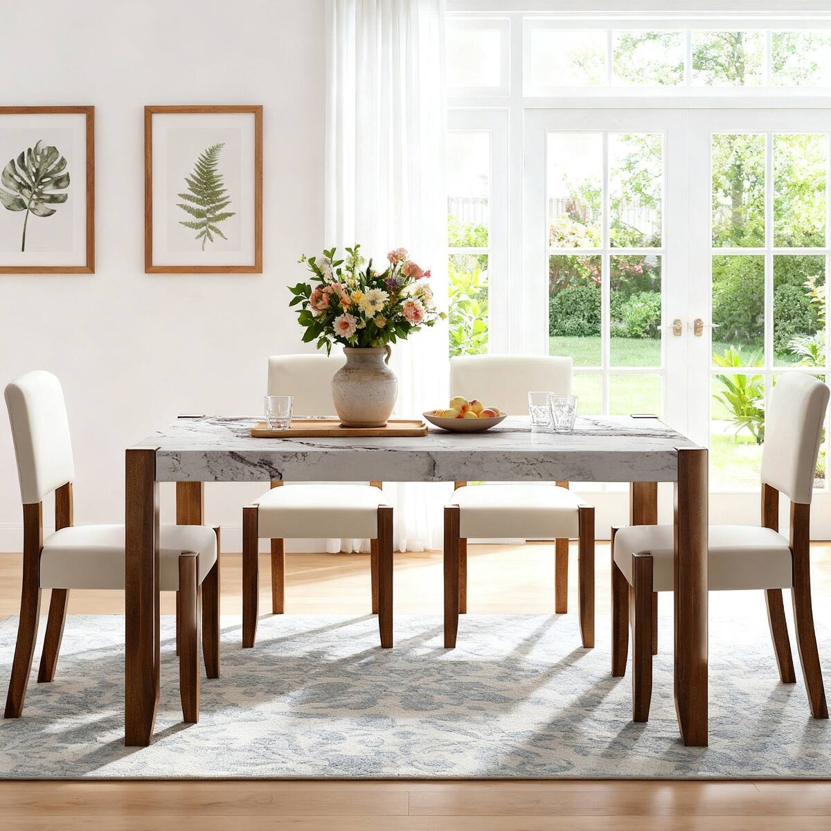 Alt View 7. Loheer - Loheer Modern Faux Marble Dining Table, 46.5 Inch Rectangular White Table for Four - White.