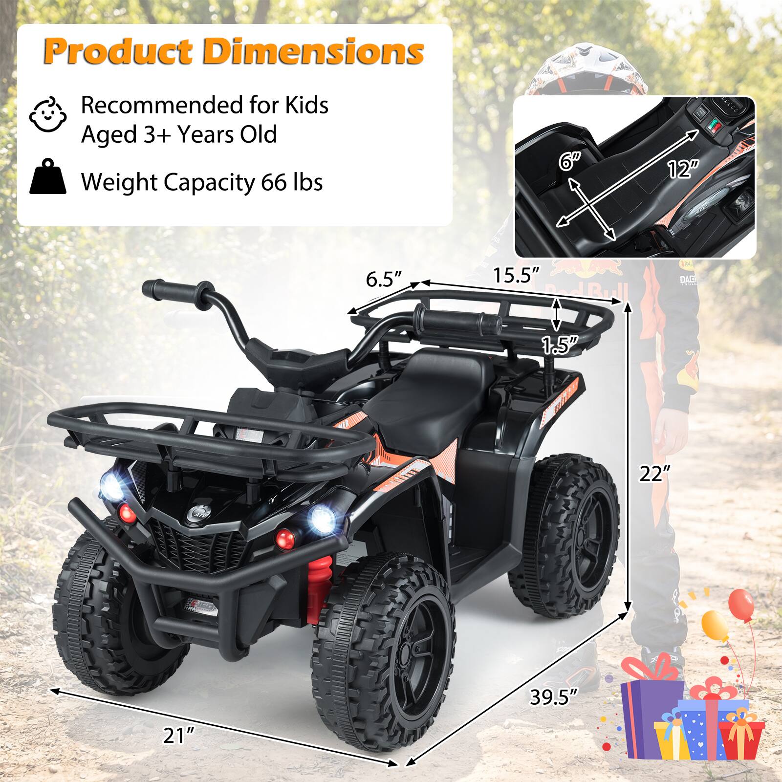 Product Dimensions  
Recommended for Kids Aged 3+ Years Old  
Weight Capacity 66 lbs  

6"  
12"  
6.5"  
15.5"  
1.5"  
22"  
39.5"  
21"