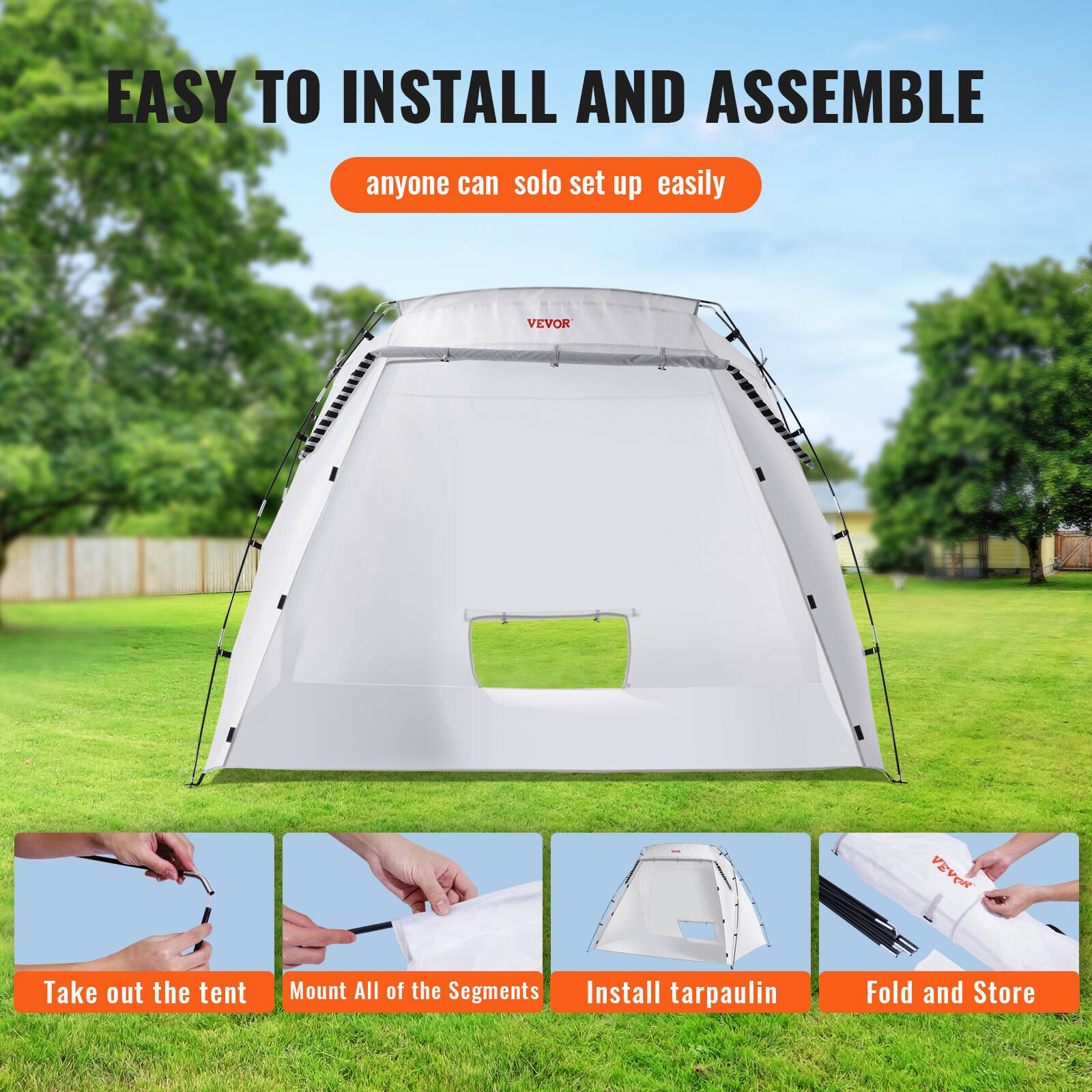 EASY TO INSTALL AND ASSEMBLE  
anyone can solo set up easily

- Take out the tent
- Mount All of the Segments
- Install tarpaulin
- Fold and Store