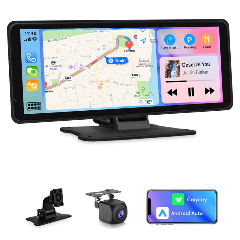 Wrightmaster - 8.1" Android Auto & Apple CarPlay Digital Media Receiver with HD Rear Camera, Parking Guidelines & Suction Mount Bracket - Black