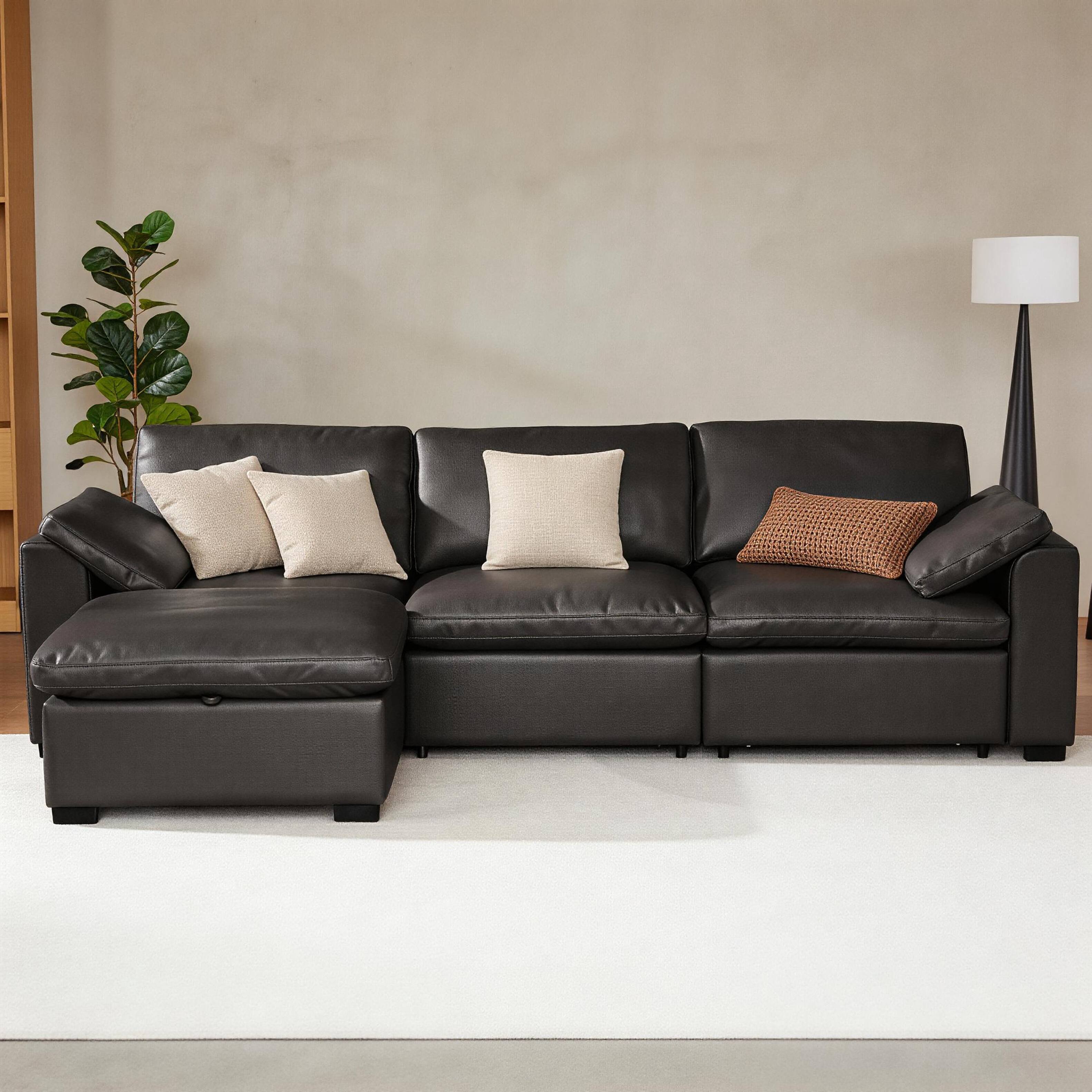 Angle. Dyonery - 120"  PU Sofa, ideal for family living rooms, modern L-shaped sectional sofa with convertible ottoman, modular sofa. - Black.
