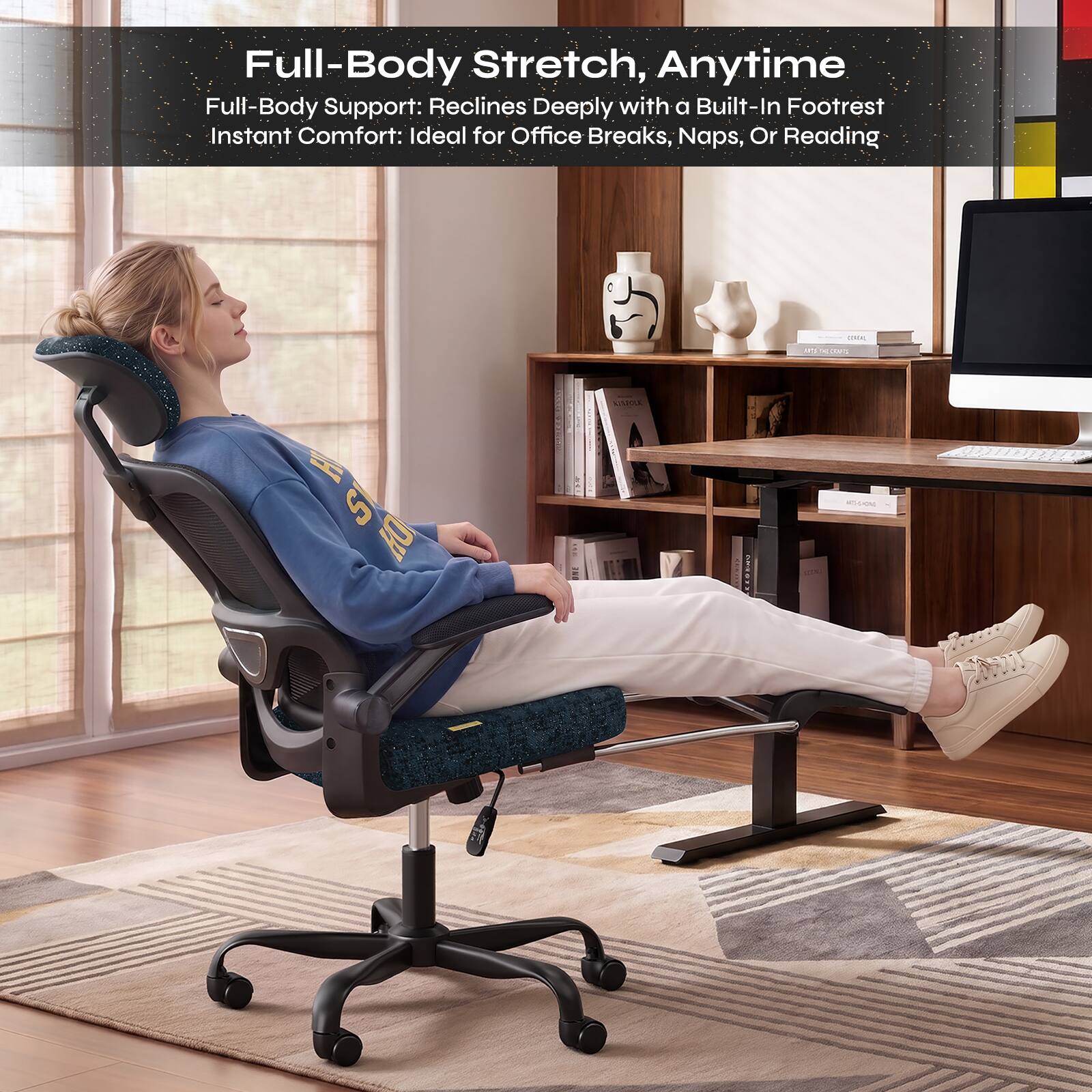 Full-Body Stretch, Anytime  
Full-Body Support: Reclines Deeply with a Built-In Footrest  
Instant Comfort: Ideal for Office Breaks, Naps, or Reading