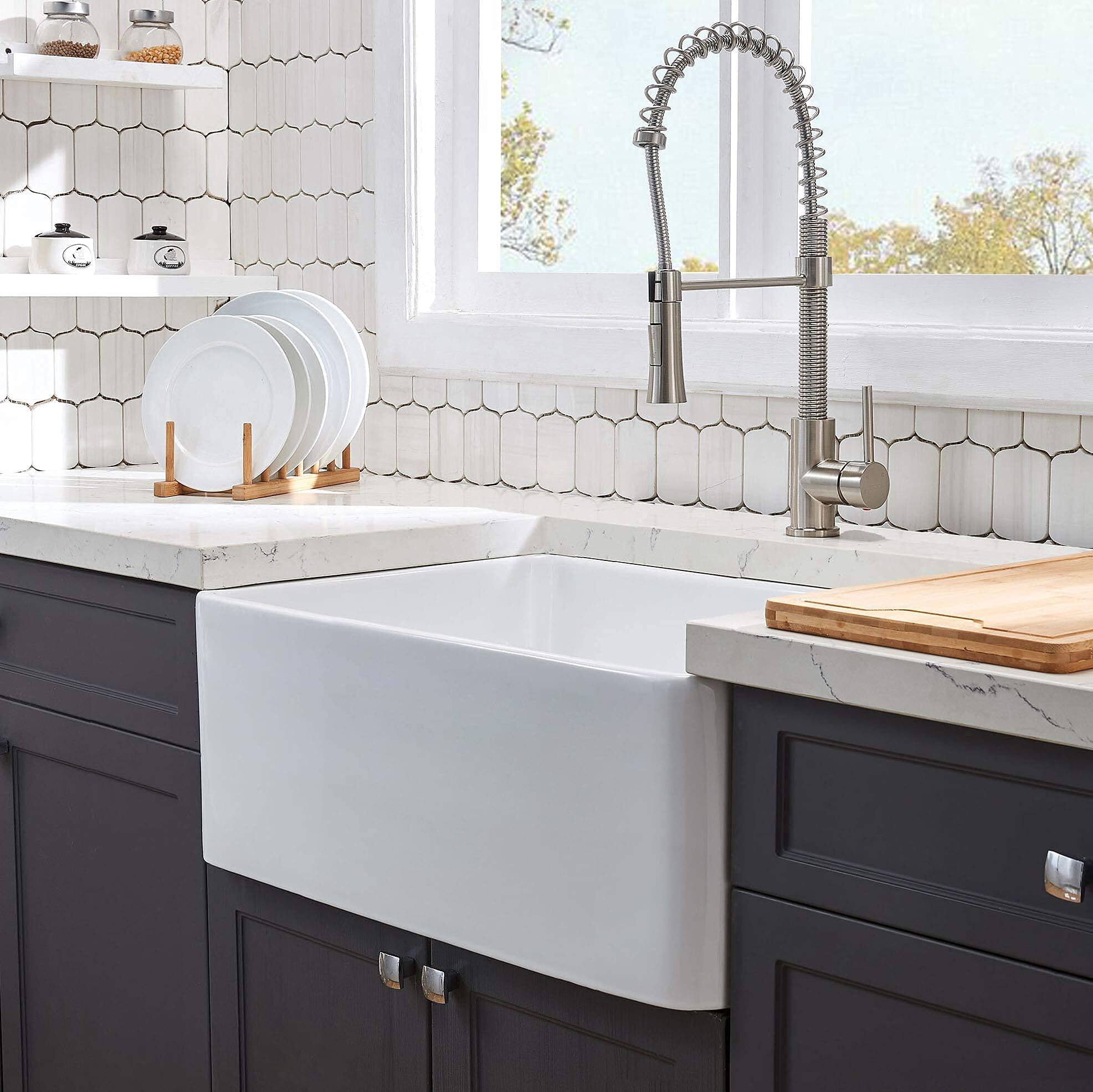 Alt View 4. Siljoy - Fireclay 33" L X 20" W Farmhouse Kitchen Sink with Grid and Strainer - White.