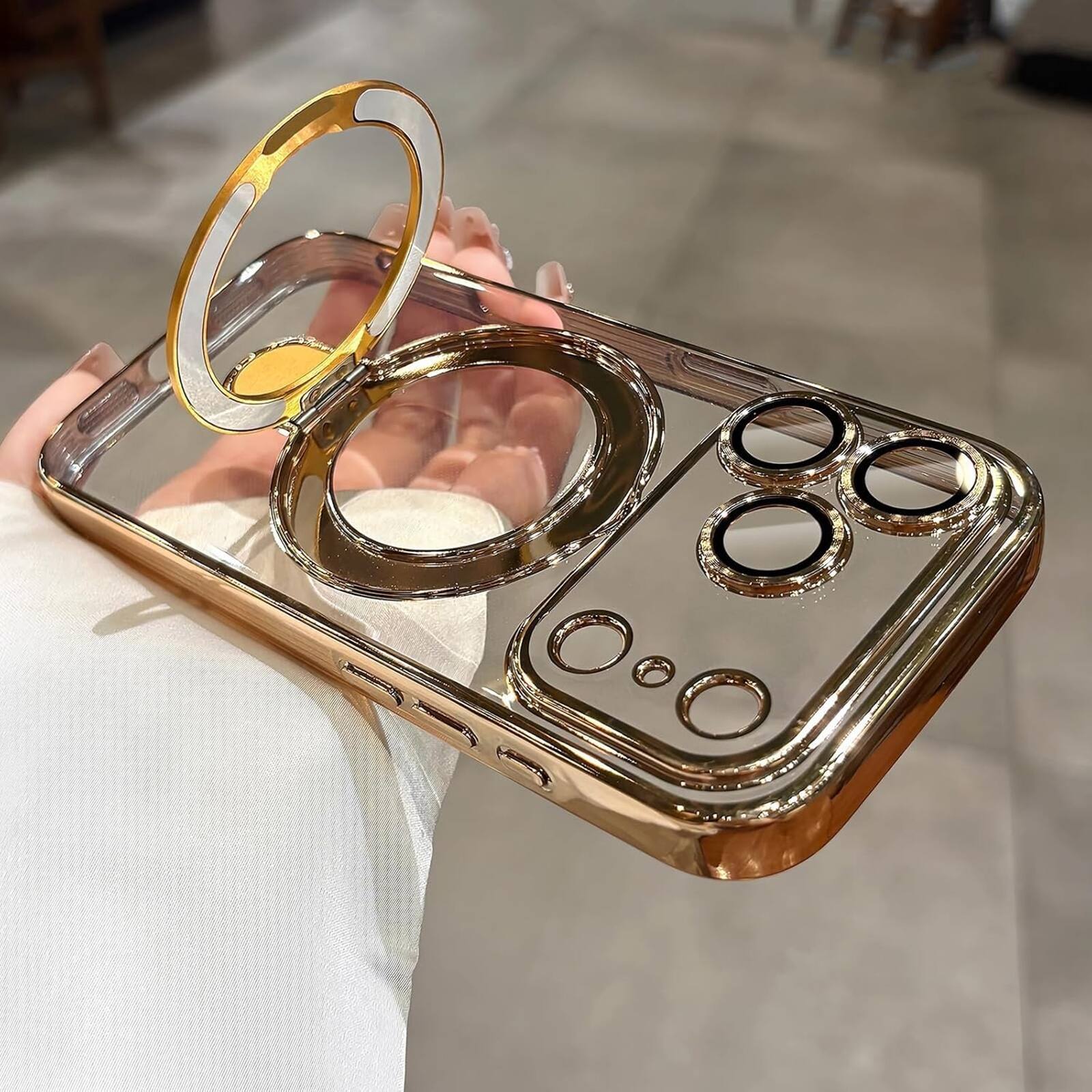 Back. UUCOVER - Magnetic Case for iPhone 18 Pro Max,Shockproof TPU+PC Clear Case Ring Stand Compatible with MagSafe Camera Lens Cover - Gold.