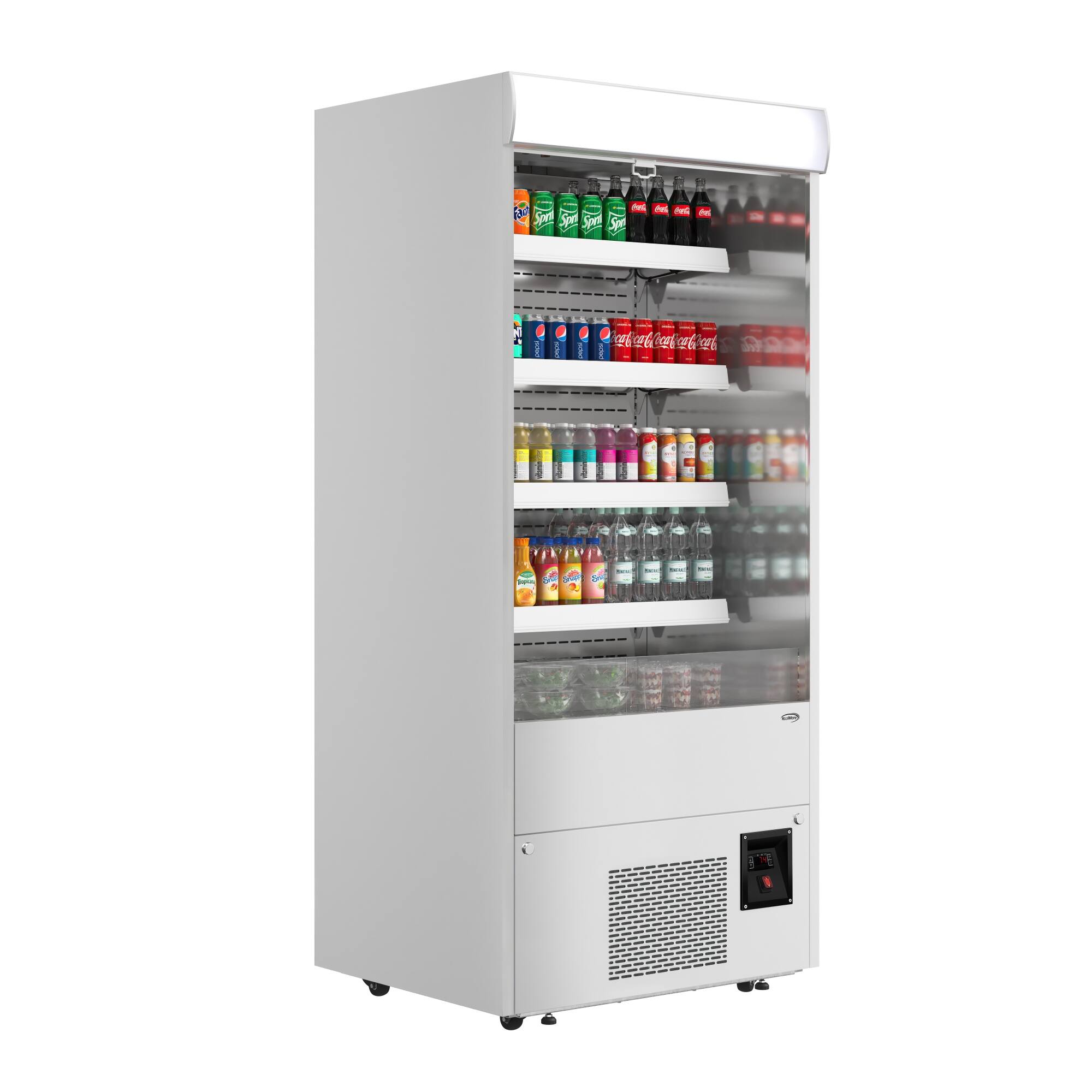 The image shows a refrigerator with a variety of drinks inside. There are multiple bottles of soda, including Coca-Cola, placed on different shelves. The refrigerator is filled with a wide assortment of beverages, making it an appealing option for customers who want to choose from a diverse selection of drinks.