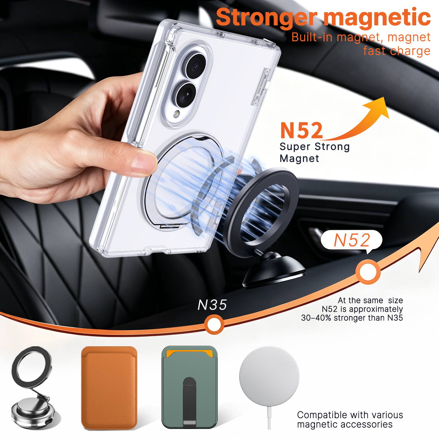 Stronger magnetic  
Built-in magnet, magnet fast charge

N52  
Super Strong Magnet

N52  
At the same size N52 is approximately 30-40% stronger than N35

Compatible with various magnetic accessories