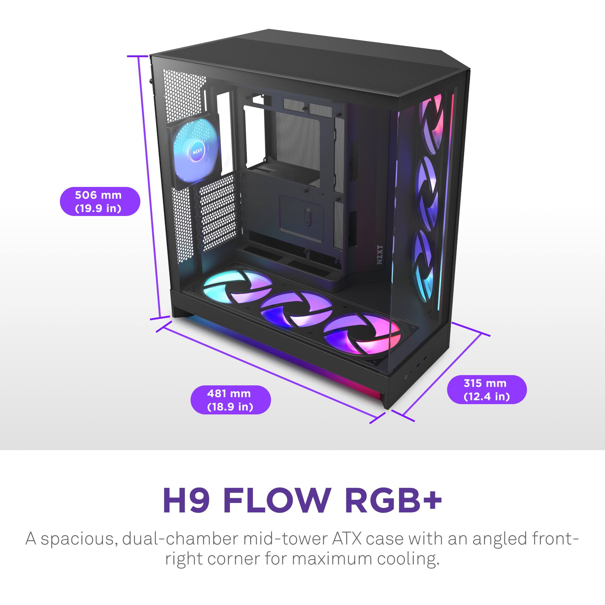 The text on the image reads: "H9 FLOW RGB+ A spacious, dual-chamber mid-tower ATX case with an angled front-right corner for maximum cooling."