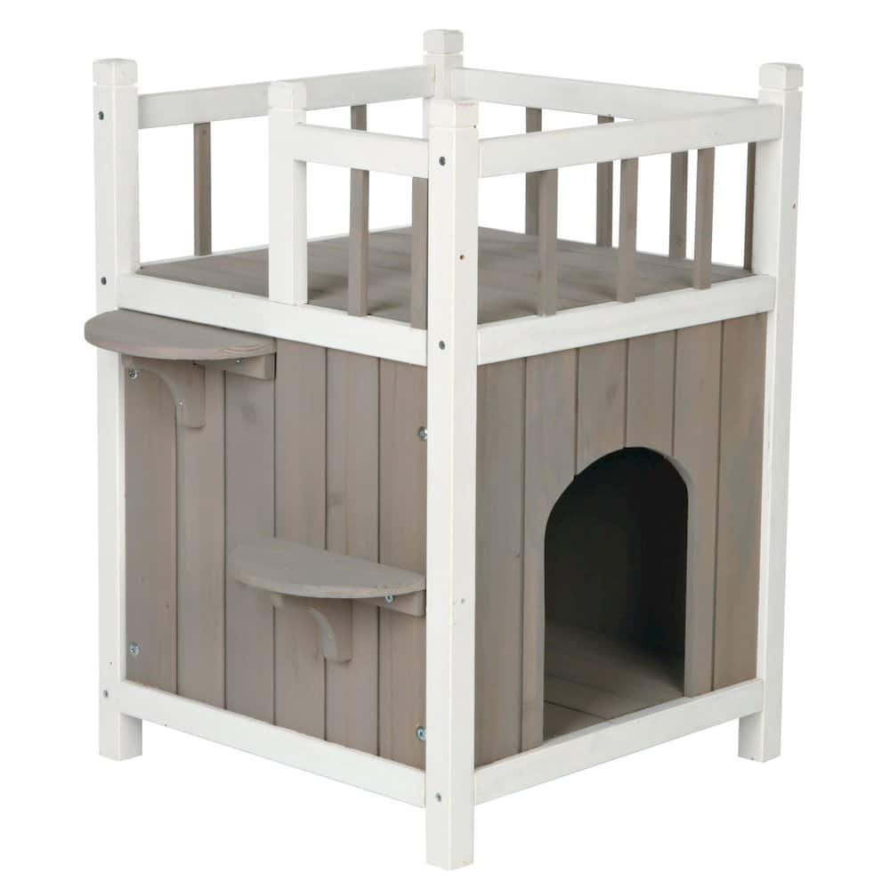 TRIXIE - Natura 1-Story Weatherproof Elevated Outdoor Cat Shelter with Balcony, Gray - Gray/White