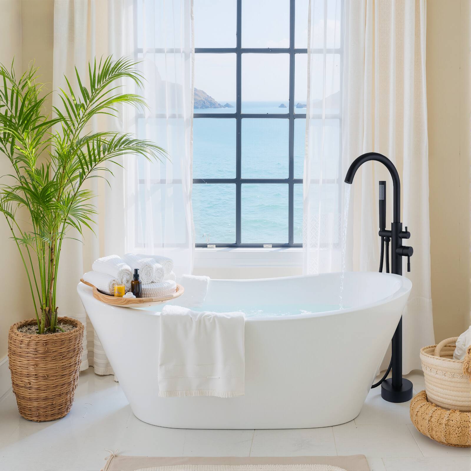 Alt View 6. Sweet - Freestanding Bathtub Faucet, Floor Mount Tub Filler with 360 Swivel Gooseneck Spout and Handheld Shower - Matte Black.