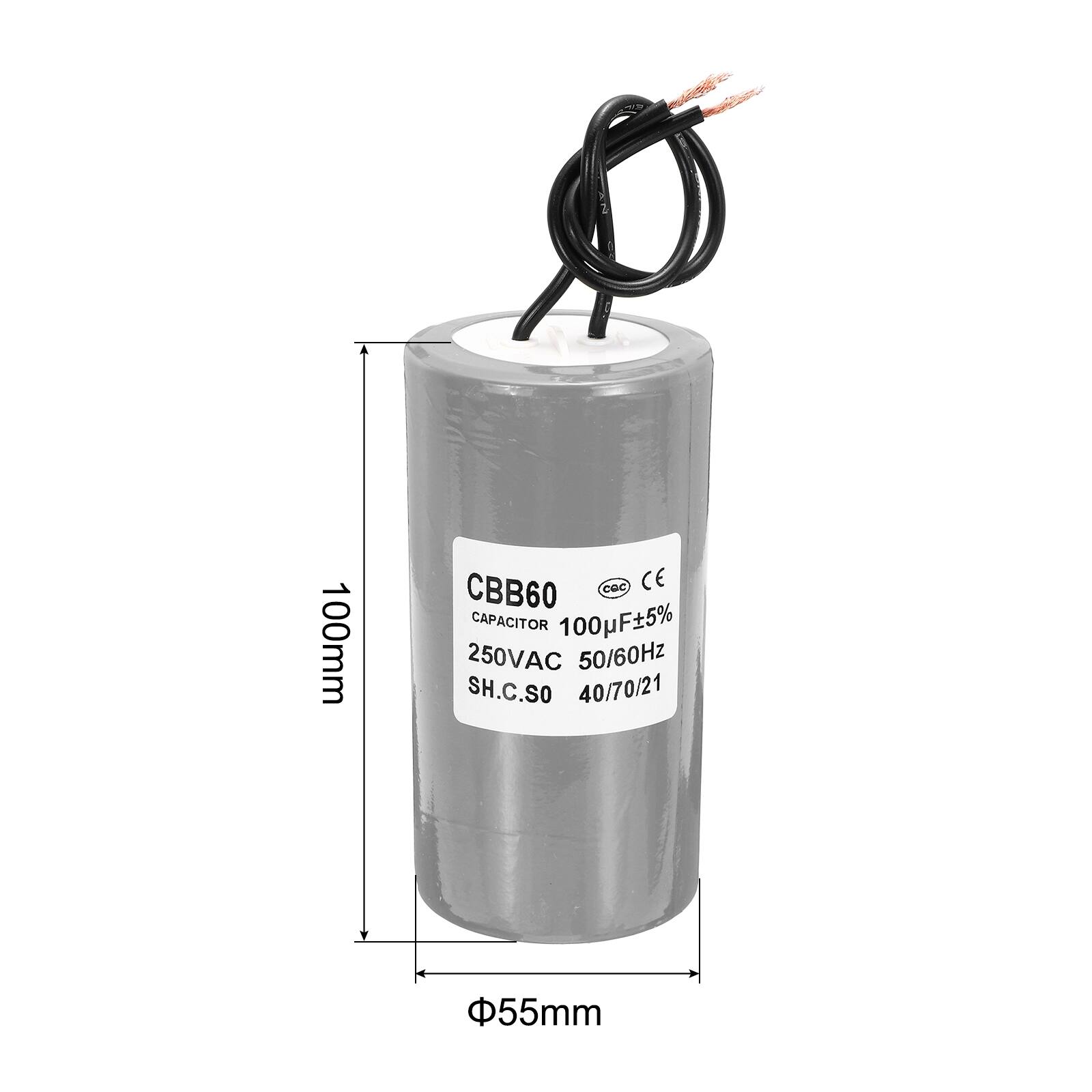 100mm CBB60 CE CAPACITOR 100uF 5% 250VAC 50/60Hz SH.C.SO 40/70/21 55mm