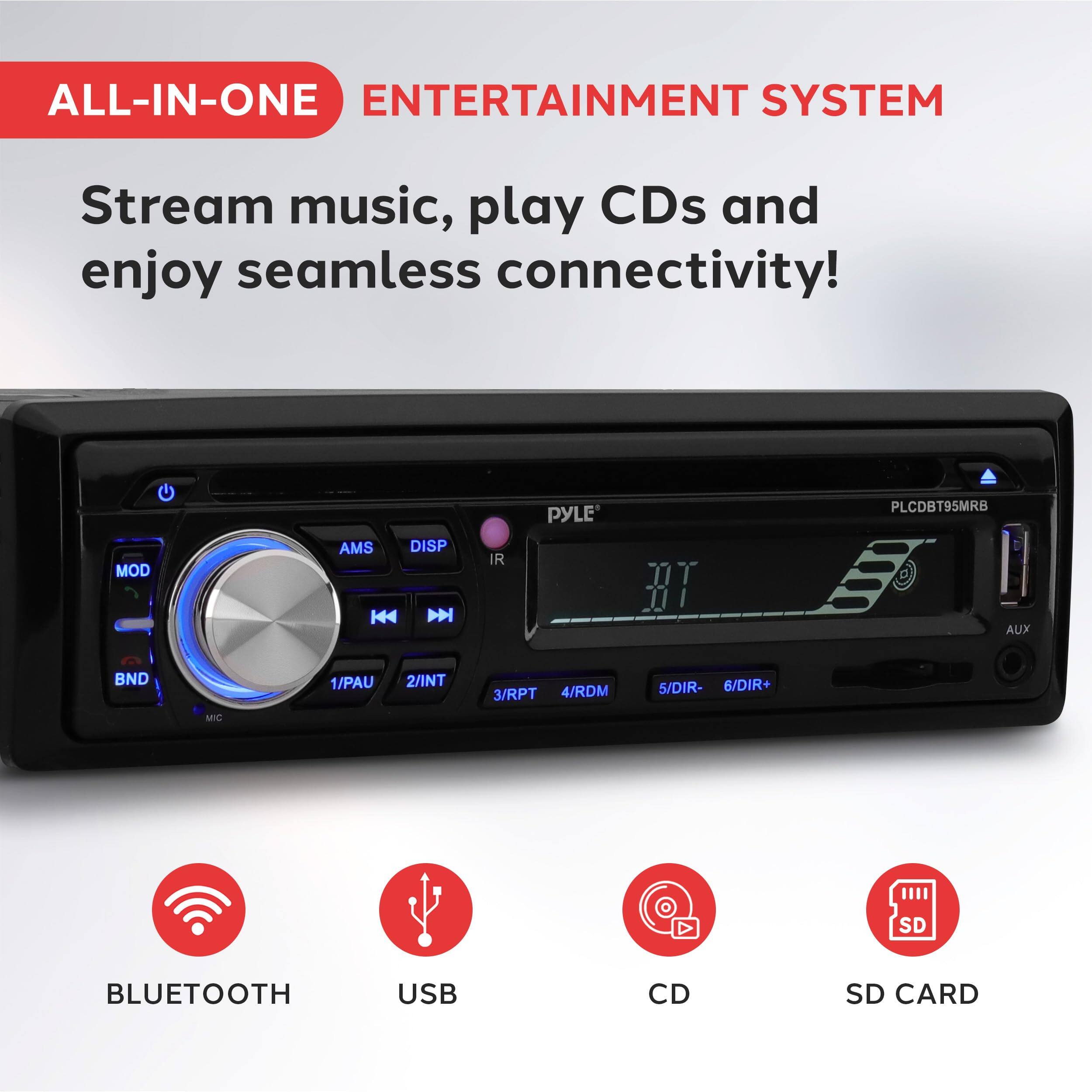 ALL-IN-ONE ENTERTAINMENT SYSTEM  
Stream music, play CDs and enjoy seamless connectivity!  

MOD AMS DISP K4 D IR PYLE 001 PLCDBT95MRB  
AUX BND 1/PAU 2/INT 3/RPT 4/RDM 5/DIR- 6/DIR+  
MI SD BLUETOOTH USB CD SD CARD