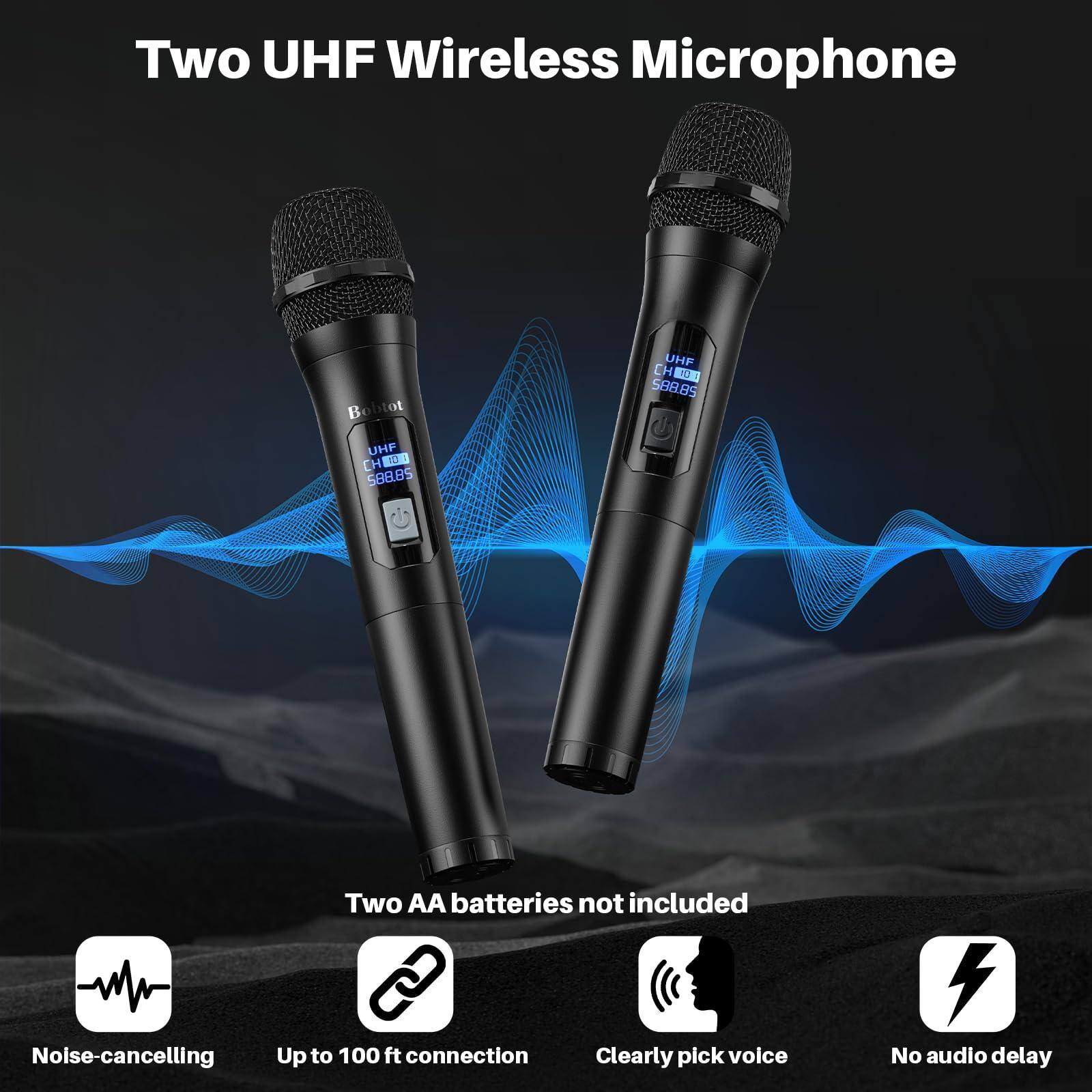 Two UHF Wireless Microphone

- Two AA batteries not included
- Noise-cancelling
- Up to 100 ft connection
- Clearly pick voice
- No audio delay