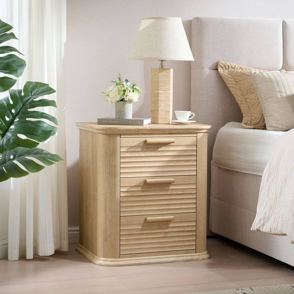 Front. Kadyn - Resenkos 22" Wide Fluted Nightstand with Charging Station, 3-Drawer Wood End Table for Bedroom & Living Room - Brown.