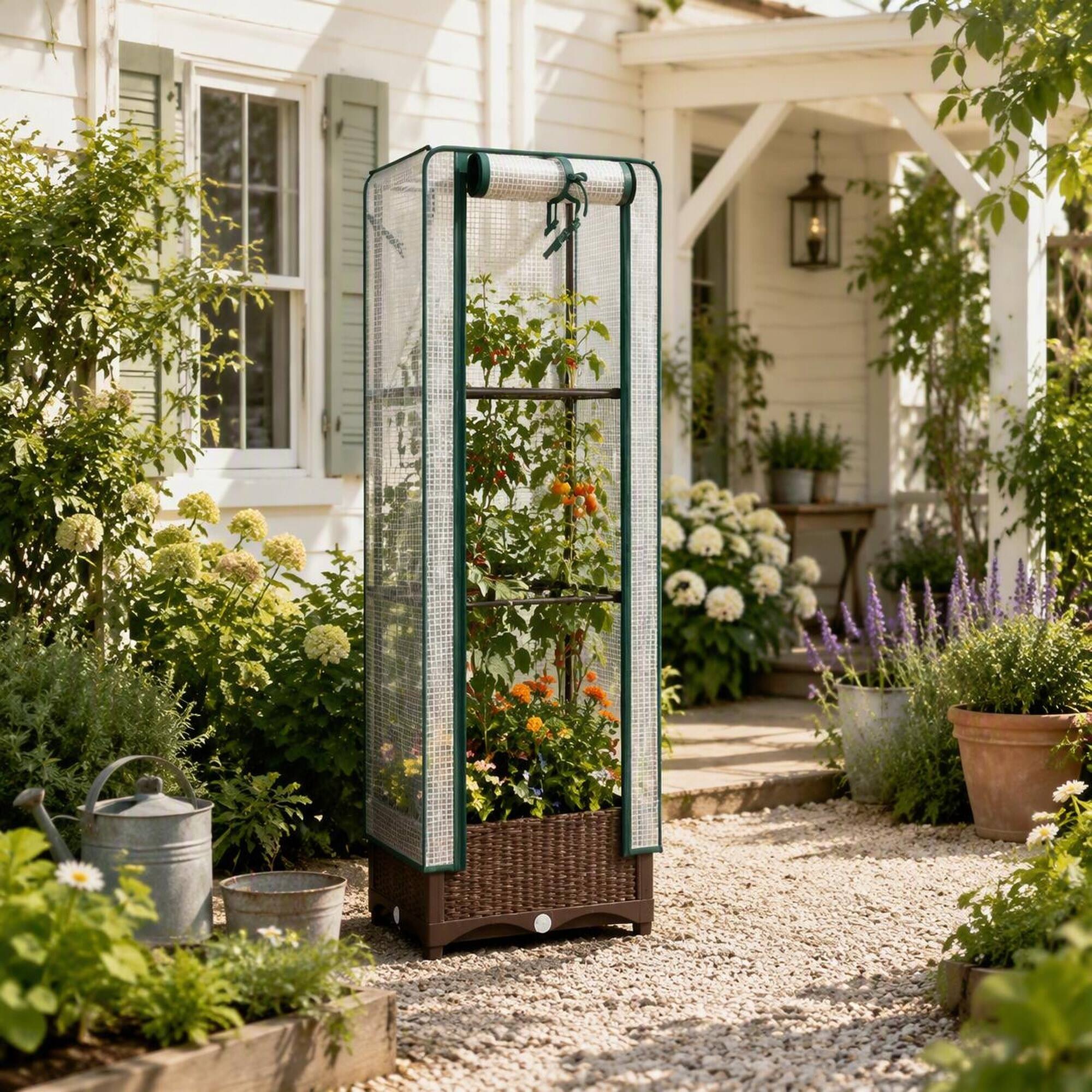 Left. RYHNUYNE - Raised Garden Bed with Trellis and Cover, Portable Outdoor Planter Box with Drainage Holes and Zipper Door - Brown,White.
