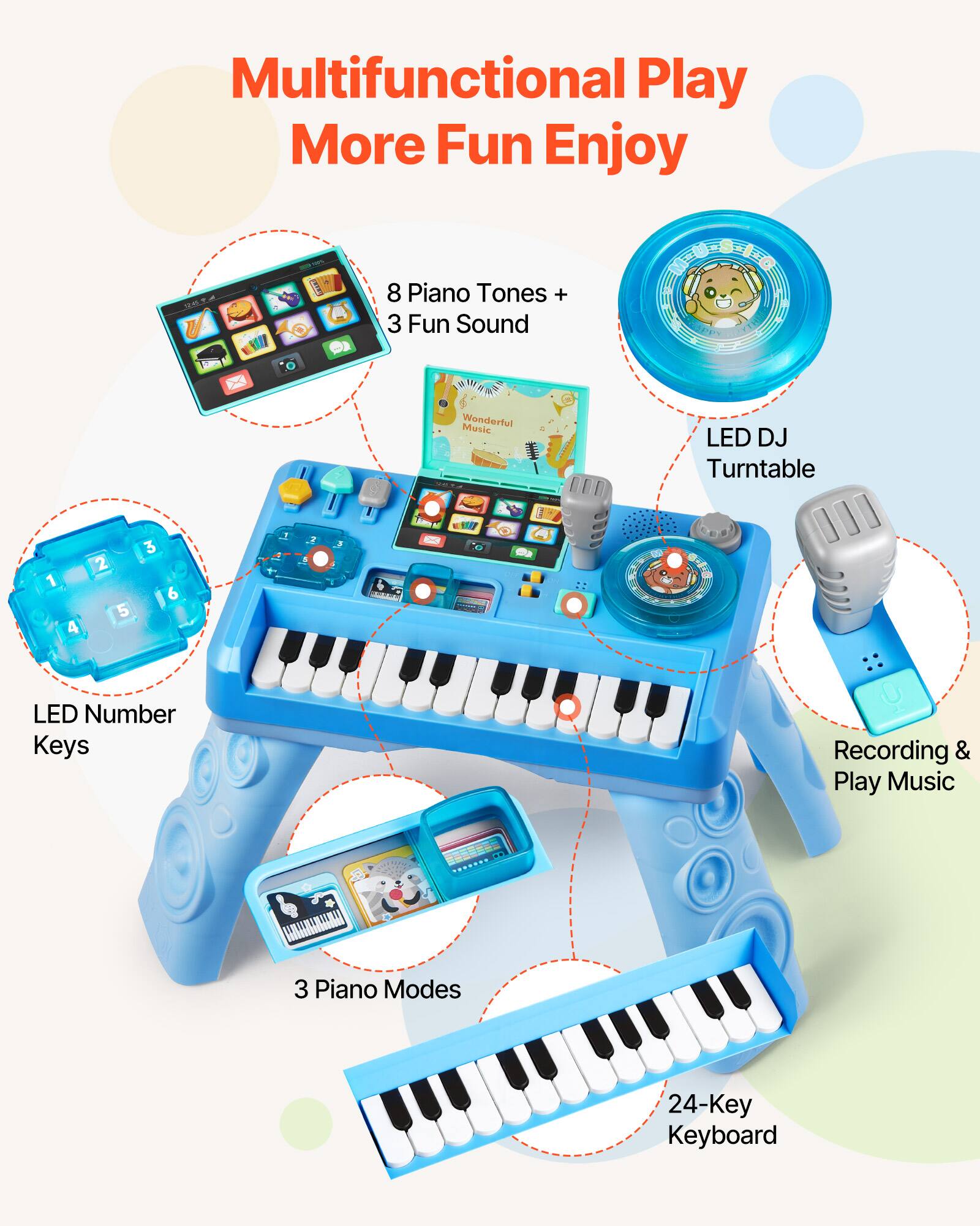 Multifunctional Play More Fun Enjoy

- 8 Piano Tones + 3 Fun Sound
- Wonderful Music
- LED DJ Turntable
- LED Number Keys
- Recording & Play Music
- 3 Piano Modes
- 24-Key Keyboard