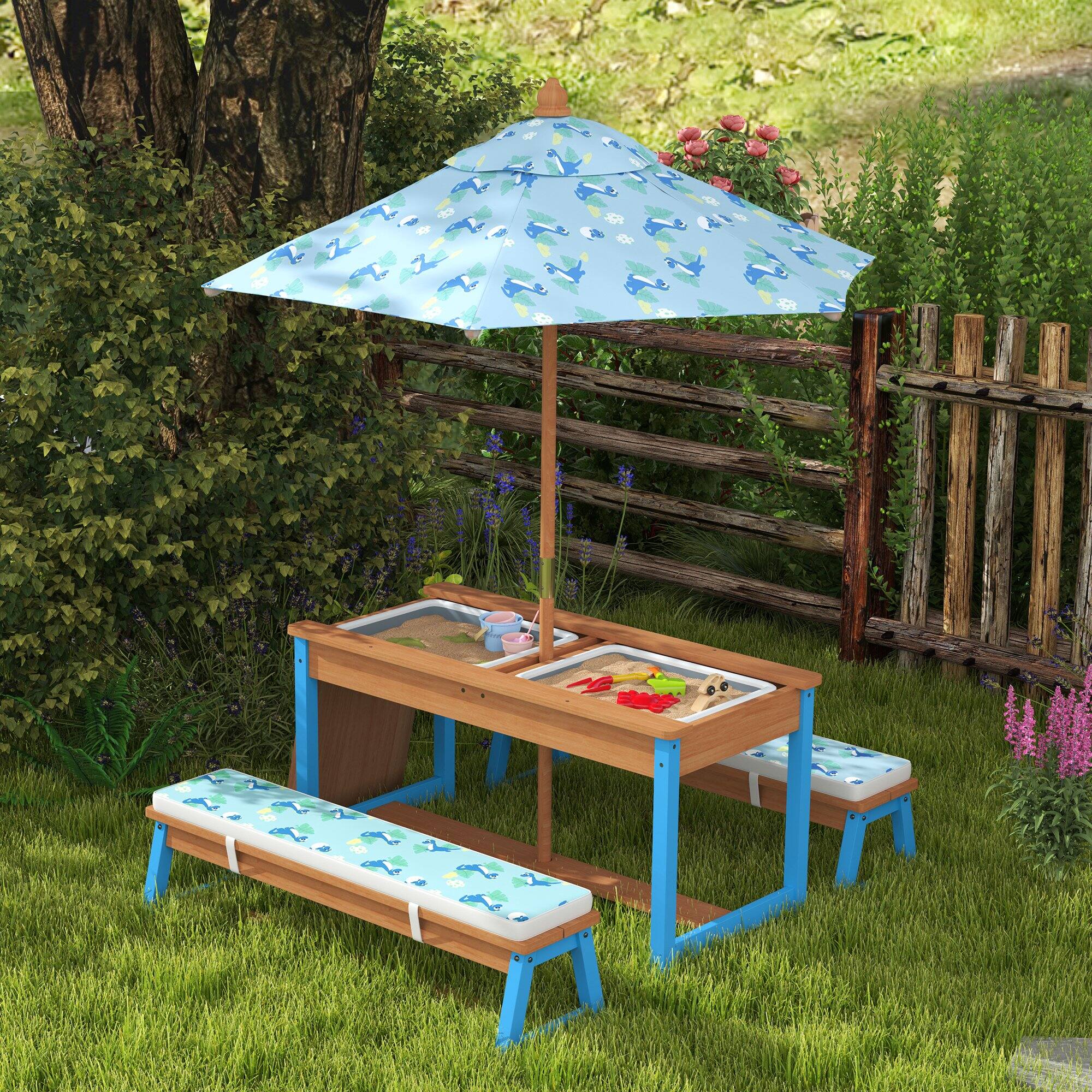 Angle. Qaba - Wooden Table and Bench Set with Foldable Umbrella, Removable Cushions, Dinosaur Theme Children Activity Table - Blue.