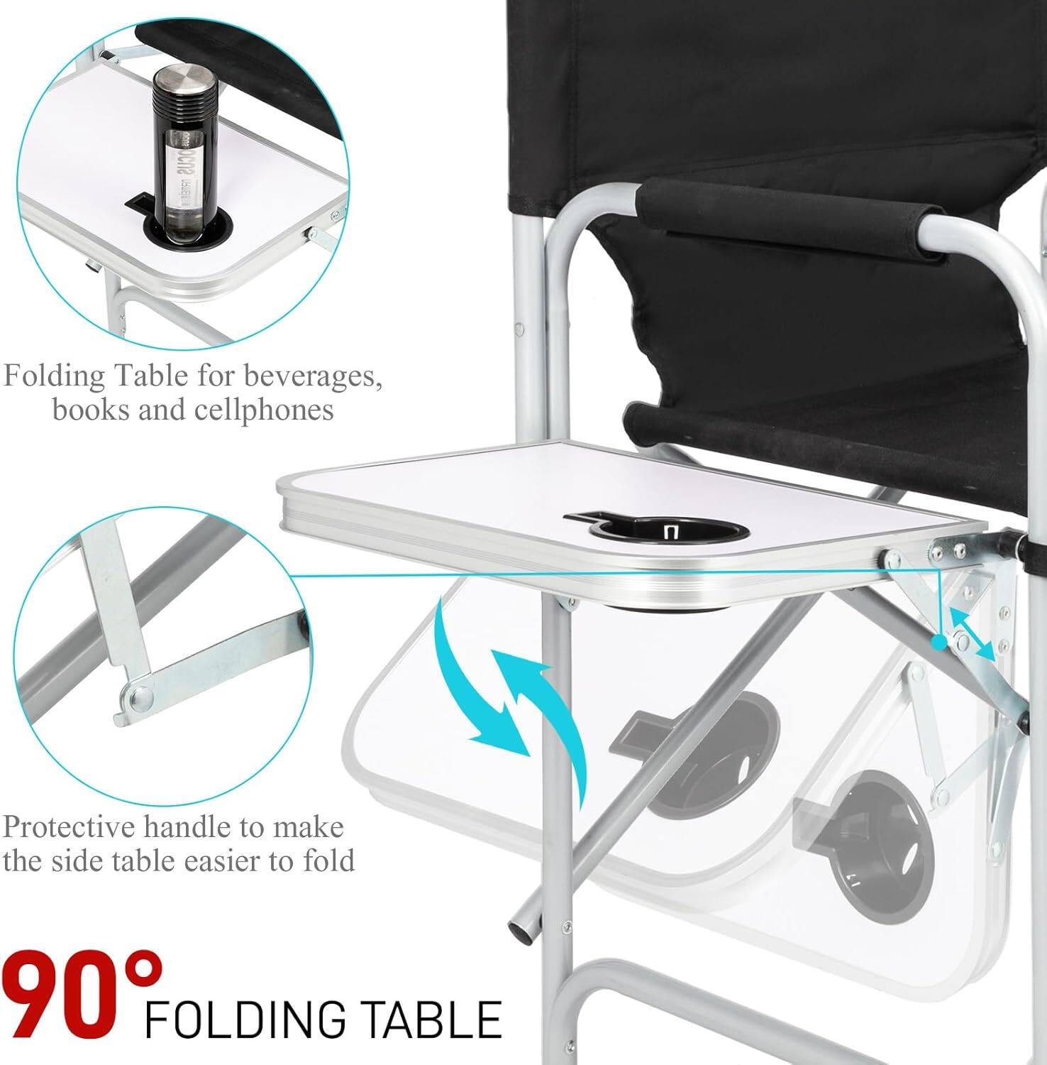 Folding Table for beverages, books and cellphones  
Protective handle to make the side table easier to fold  
90° FOLDING TABLE