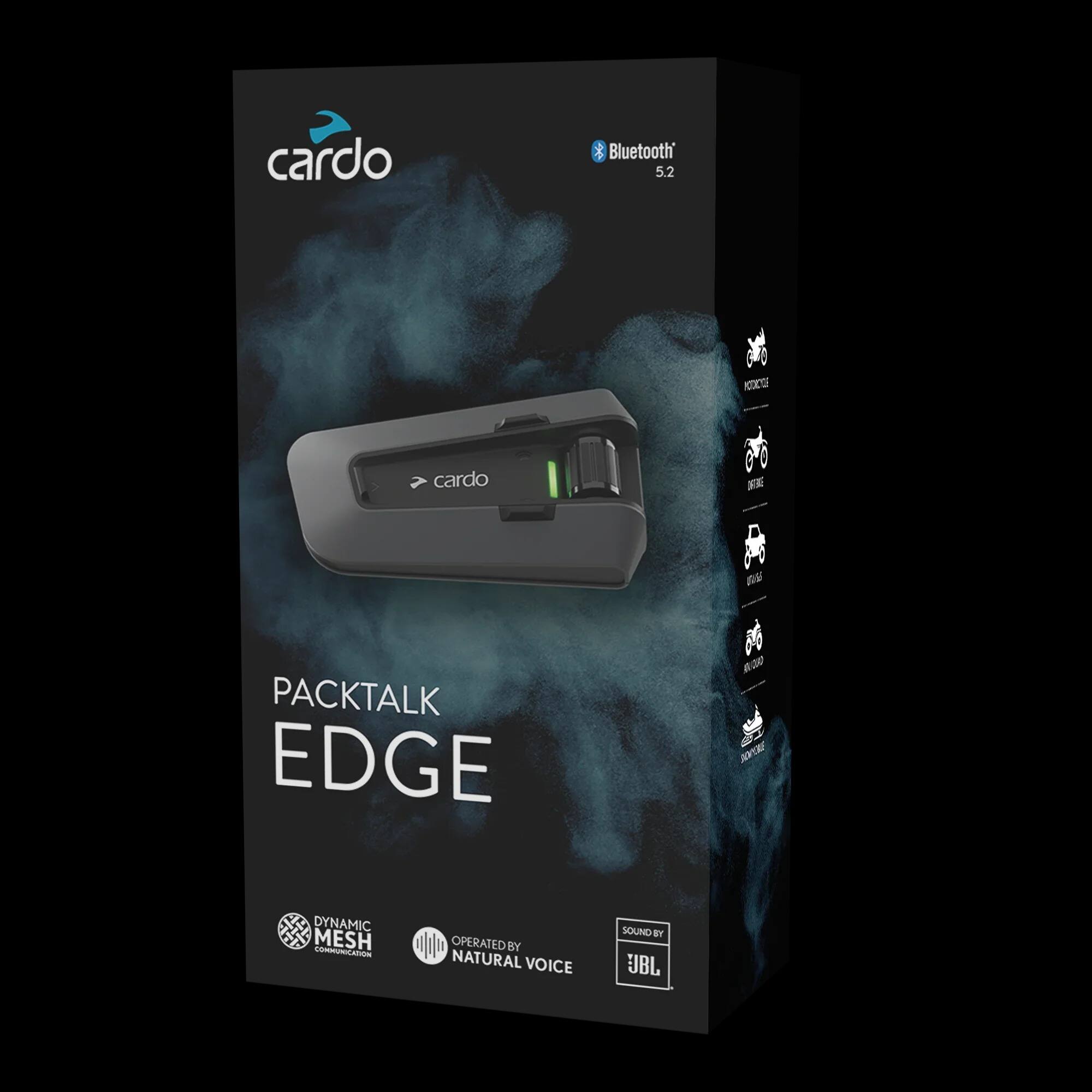 cardo  
Bluetooth 5.2  
KTG cardo 80  
PACKTALK EDGE  
A00 4  
A TE  
DYNAMIC MESH  
OPERATED BY NATURAL VOICE  
SOUND BY JBL