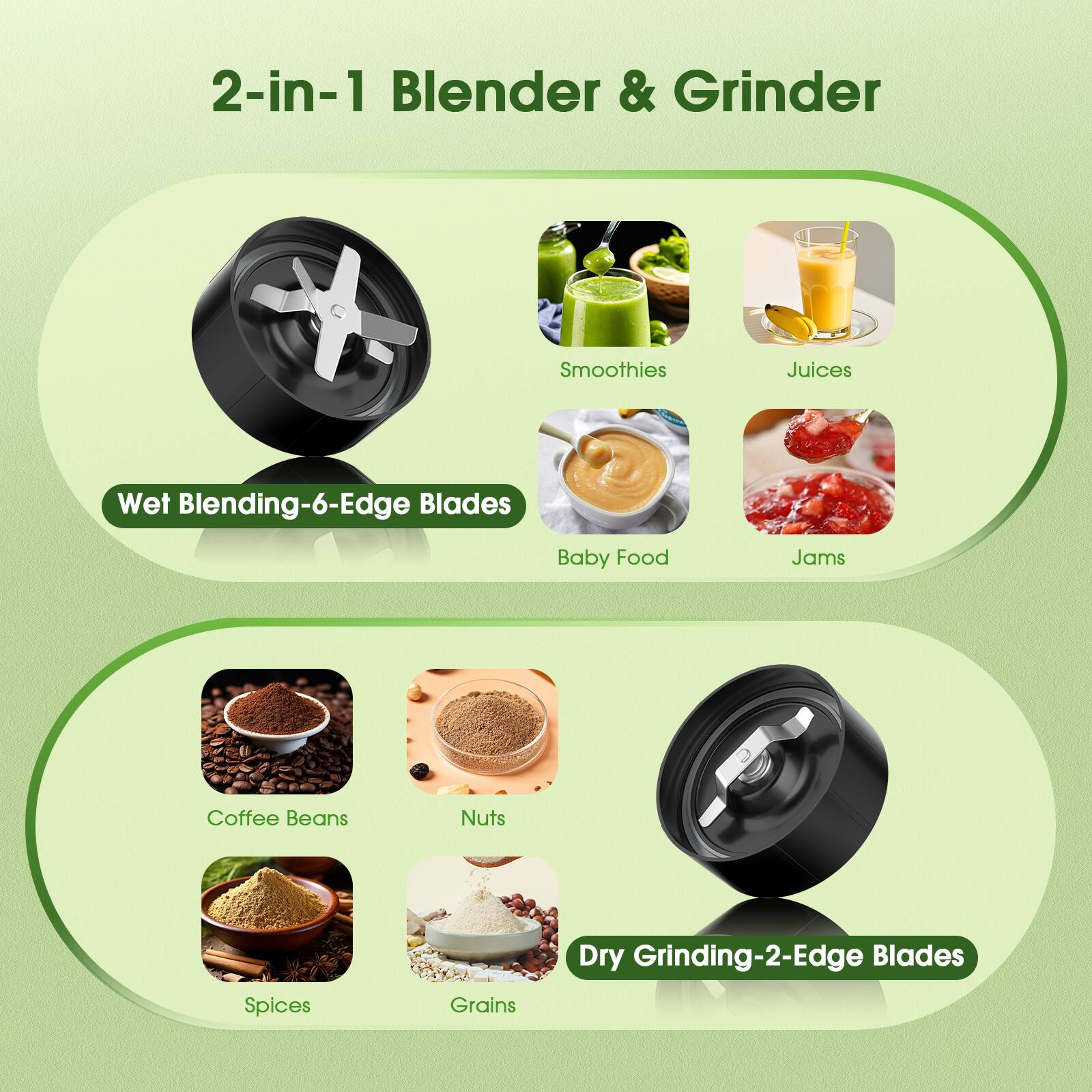 2-in-1 Blender & Grinder

Wet Blending-6-Edge Blades
- Smoothies
- Juices
- Baby Food
- Jams

Dry Grinding-2-Edge Blades
- Coffee Beans
- Nuts
- Spices
- Grains