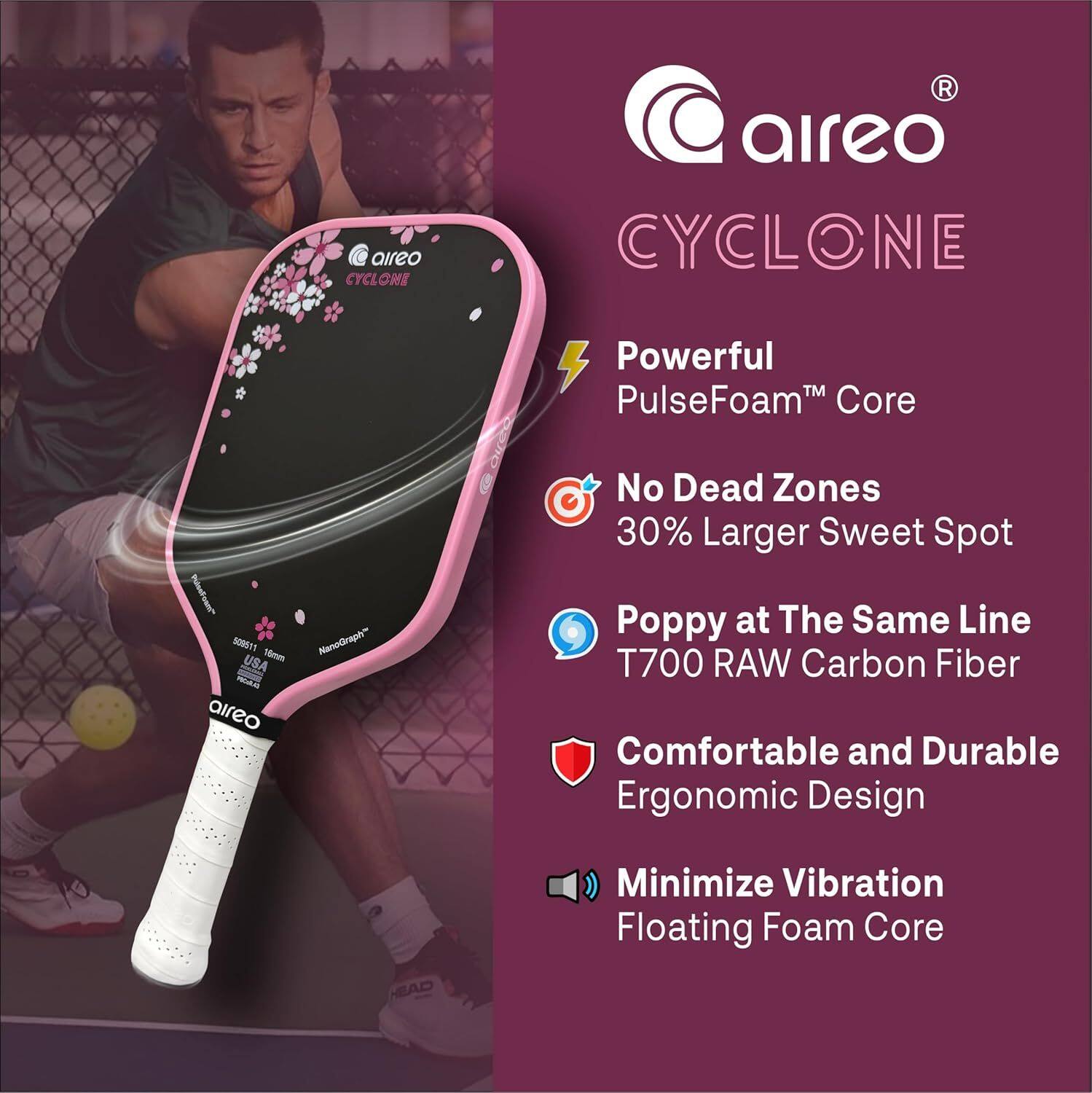 aireo CYCLONE

Powerful PulseFoam™ Core

No Dead Zones 30% Larger Sweet Spot

Poppy at The Same Line T700 RAW Carbon Fiber

Comfortable and Durable Ergonomic Design

Minimize Vibration Floating Foam Core