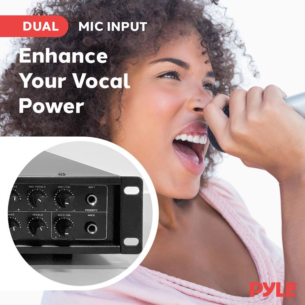 DUAL MIC INPUT  
Enhance Your Vocal Power  

MIC1  
MIC2  

TREBLE  
TREBLE  

MIC VOL  
MIC VOL  

PRIORITY  
MIC2  

PYLE