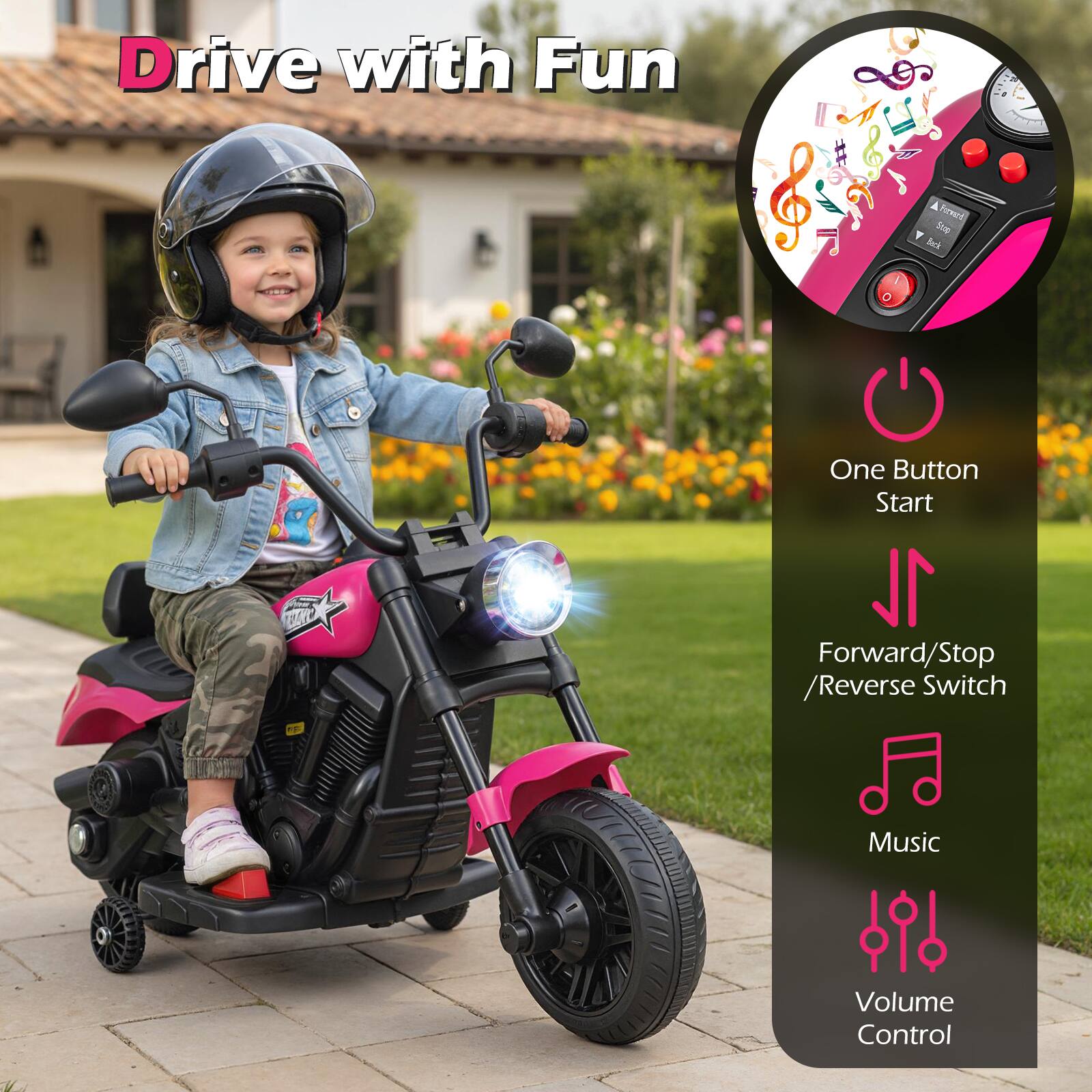 Drive with Fun

- One Button Start
- Forward/Stop / Reverse Switch
- Music Volume Control