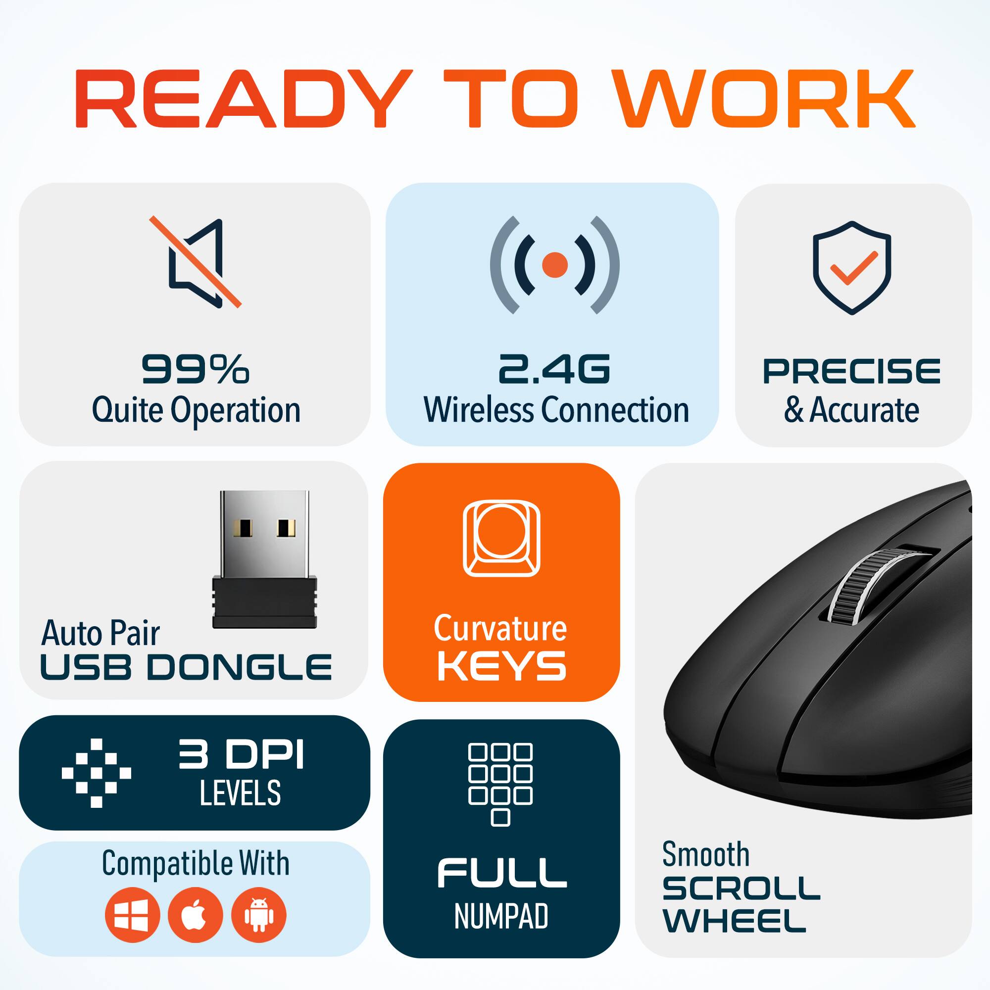 READY TO WORK
99% Quite Operation
2.4G Wireless Connection
PRECISE & Accurate
Auto Pair USB DONGLE
Curvature KEYS
3 DPI LEVELS
Compatible With
FULL NUMPAD
Smooth SCROLL WHEEL