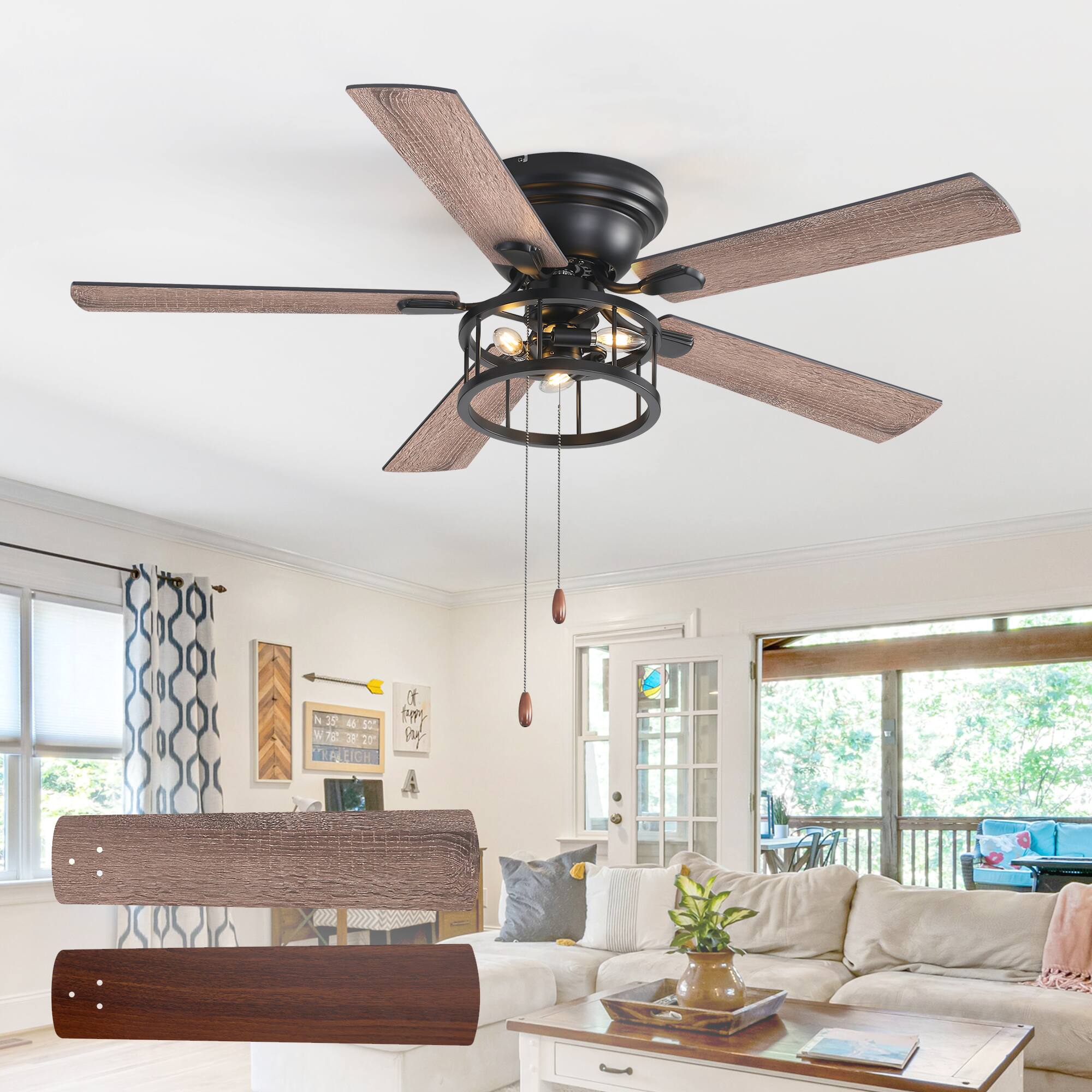 Breezary - 52-In Indoor Flush Mount Ceiling Fan with Light Kit, 5 Dual-Tone Plywood Blades, Reversible Motor, Remote/Chain Control - Dual Wood Grain + Pull Chain Control