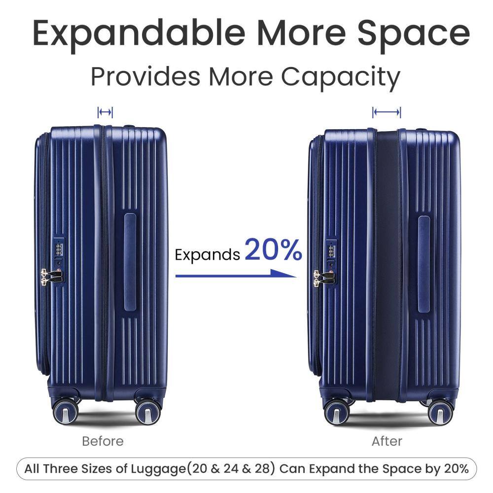 Expandable More Space  
Provides More Capacity  

Expands 20%  

Before  
After  

All Three Sizes of Luggage (20 & 24 & 28) Can Expand the Space by 20%