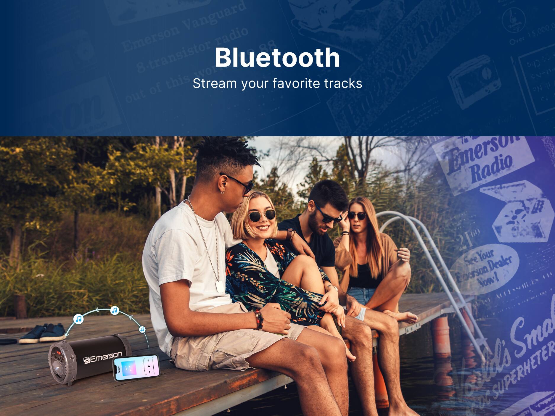 Emerson Radio, Bluetooth, Stream your favorite tracks, Emerson 8-transistor, Over 8-transistor, Emerson Radio, See Your Dealer, Now!, Emerson, Superheter, Vanguard radio, 15,000,0, 88, CN, bO, out, Biason, PN, RANO, Lmerson, Radio, T, Je, Smal