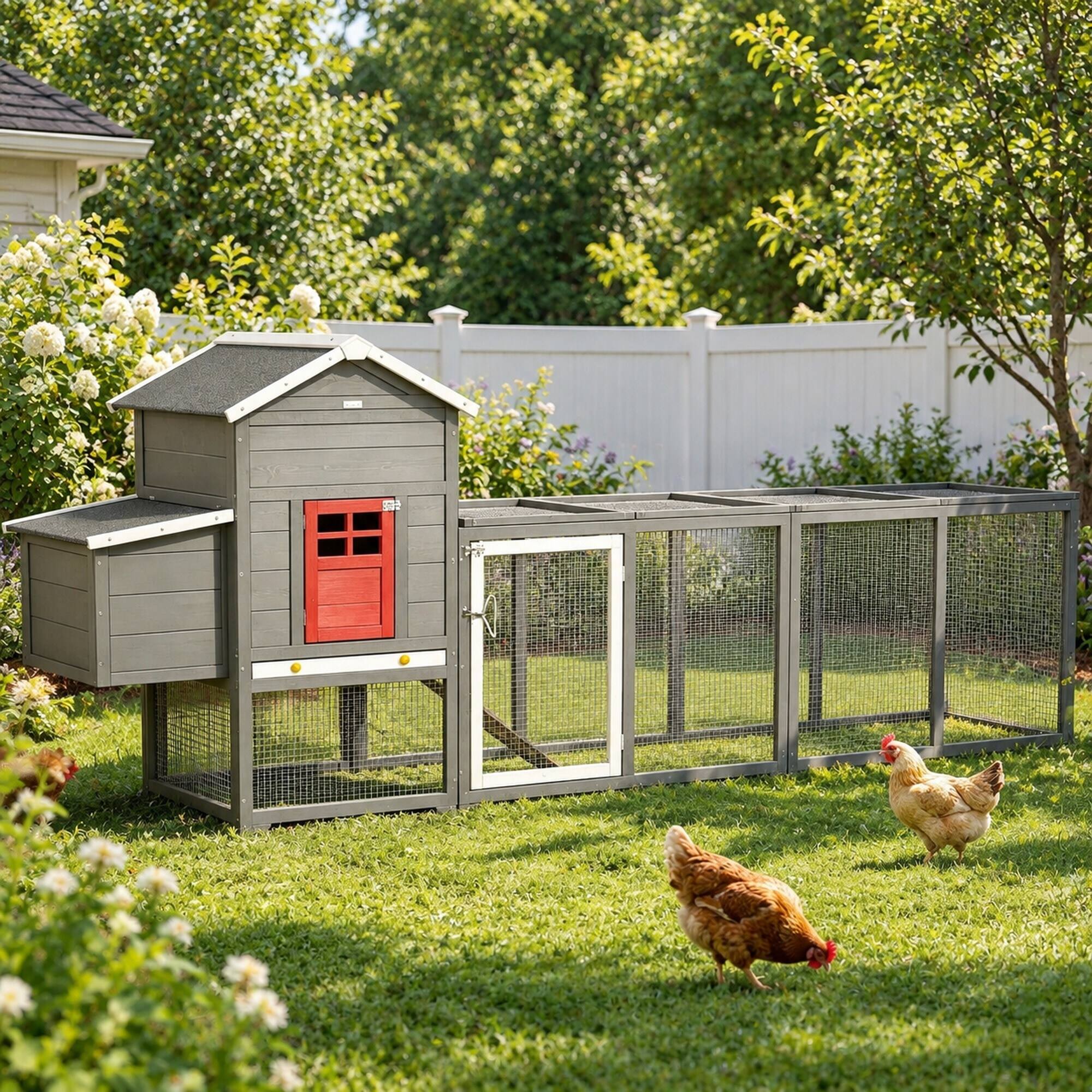 Alt View 2. RYHNUYNE - 118 in Extra Large Wooden Chicken Coop, Fir Wood Hen House, Asphalt Roof, Nesting Box, Slide-Out Tray.